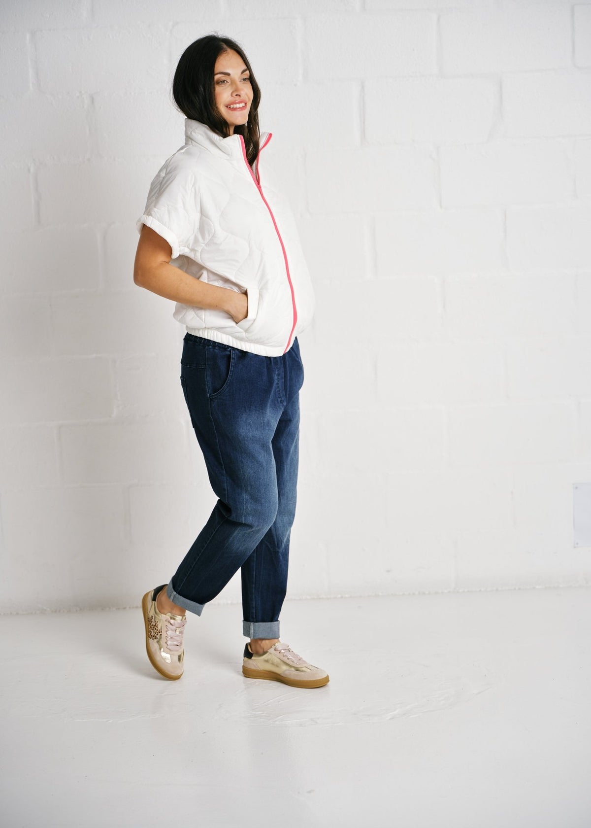 View our Cortina Quilted Short Sleeve Puffer Jacket With Pink Zip In White - by Tribute Store