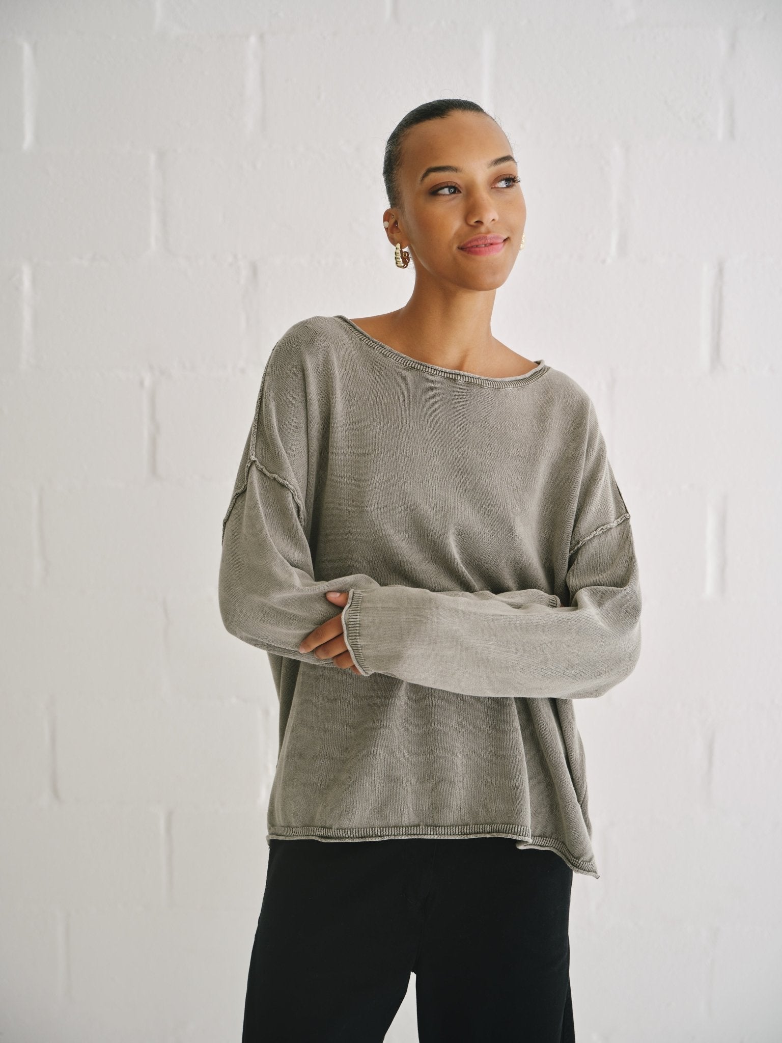 View our Cotton Stonewashed Boatneck Knit In Grey - by Tribute Store