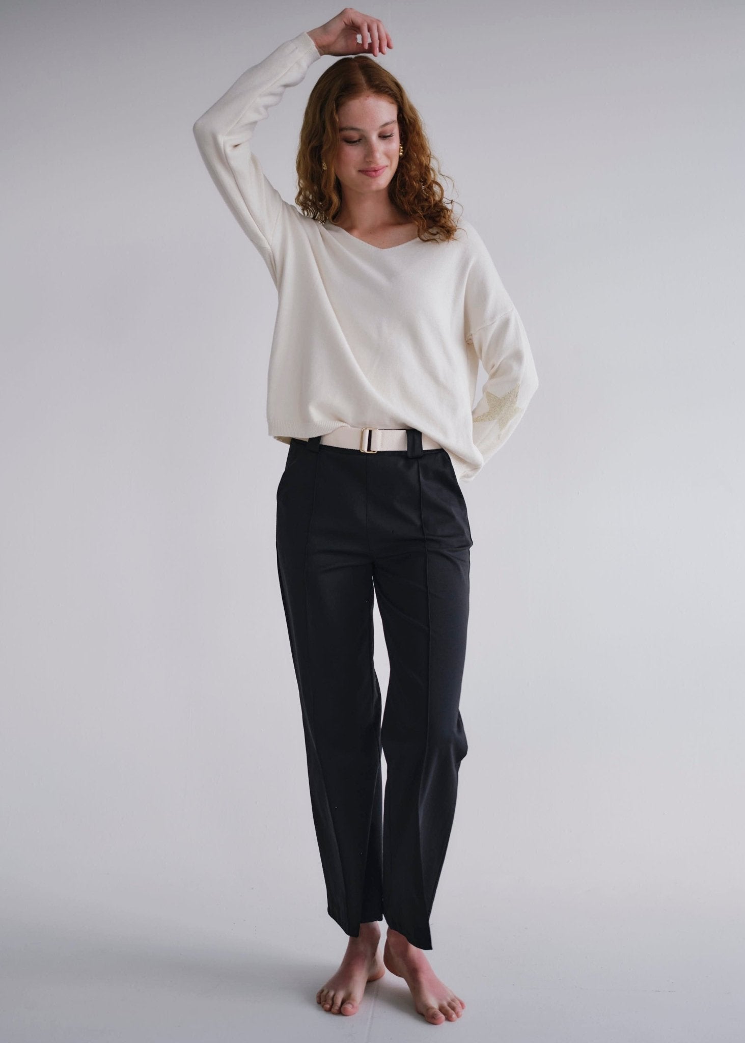 View our Cream V Neck Knit With Star On Elbow - by Tribute Store