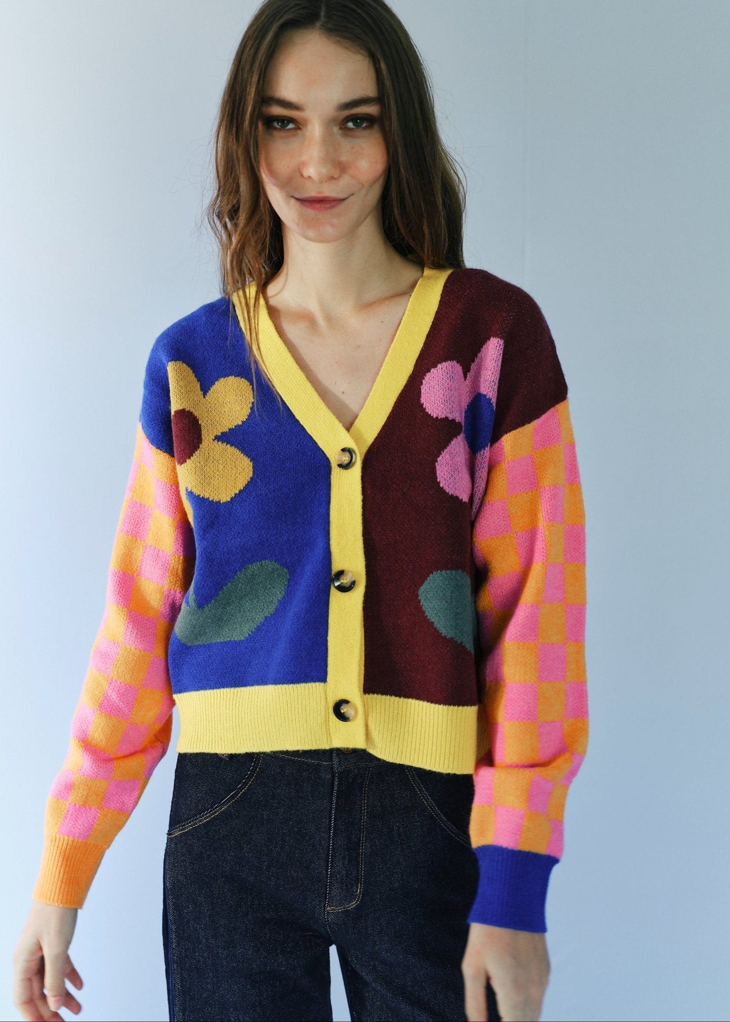 View our Daisy Cardigan in Blue and Chocolate - by Tribute Store