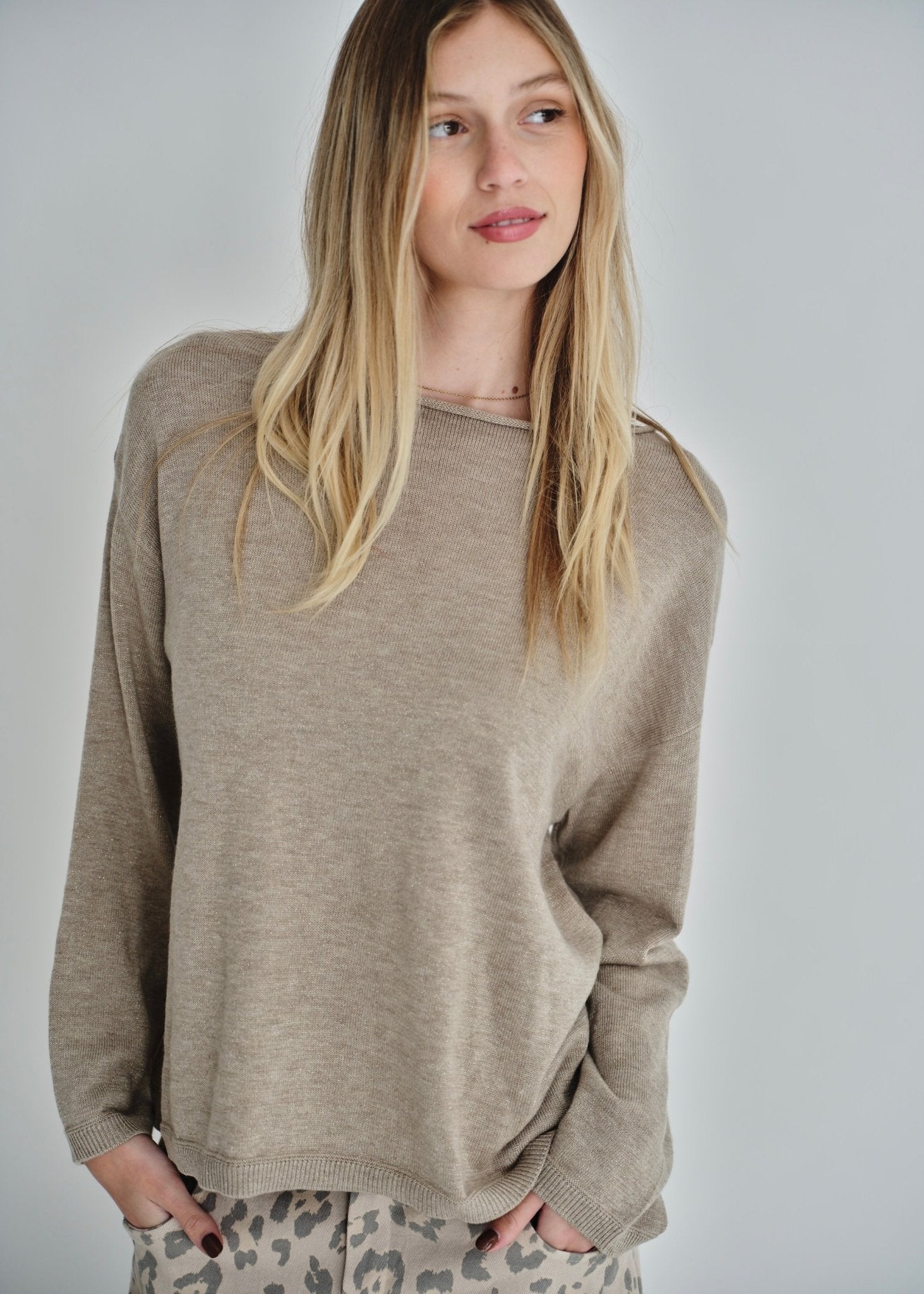 View our D’aliso Fine Gauge Boxy Knit In Beige - by Tribute Store