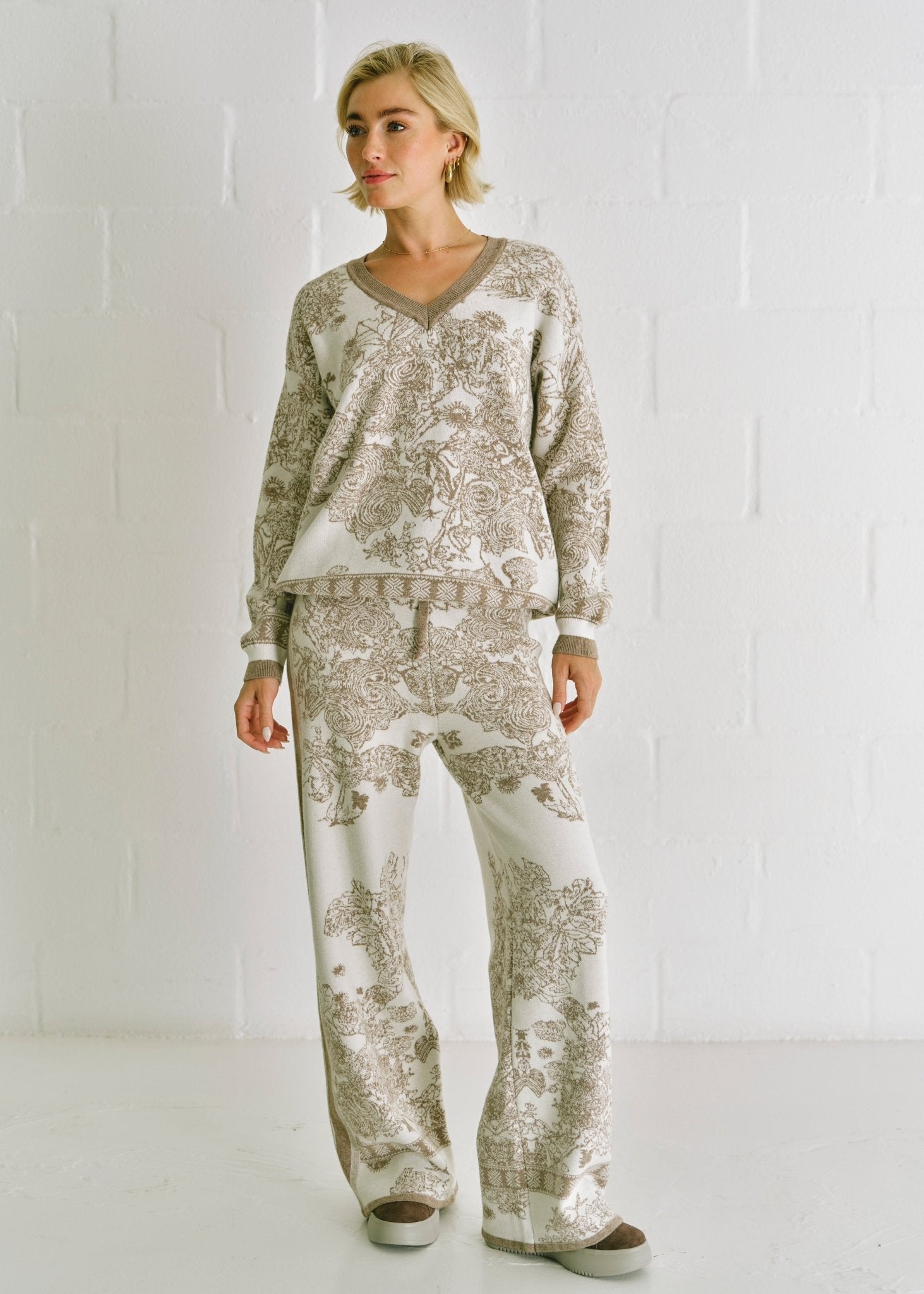 View our Damask Italian Knitted Palazzo Pants With Damask Print In Taupe - by Tribute Store