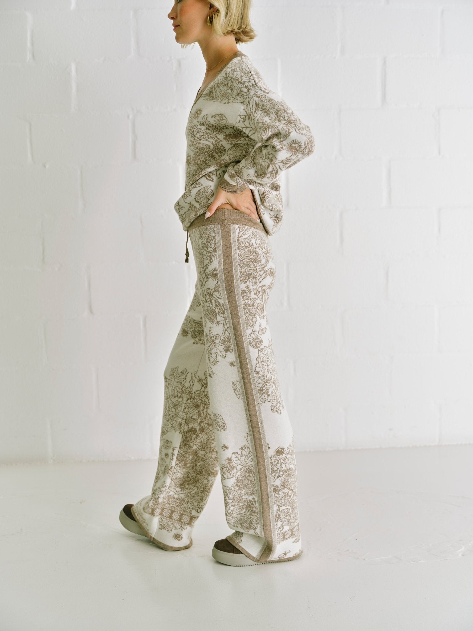 View our Damask Italian Knitted Palazzo Pants With Damask Print In Taupe - by Tribute Store