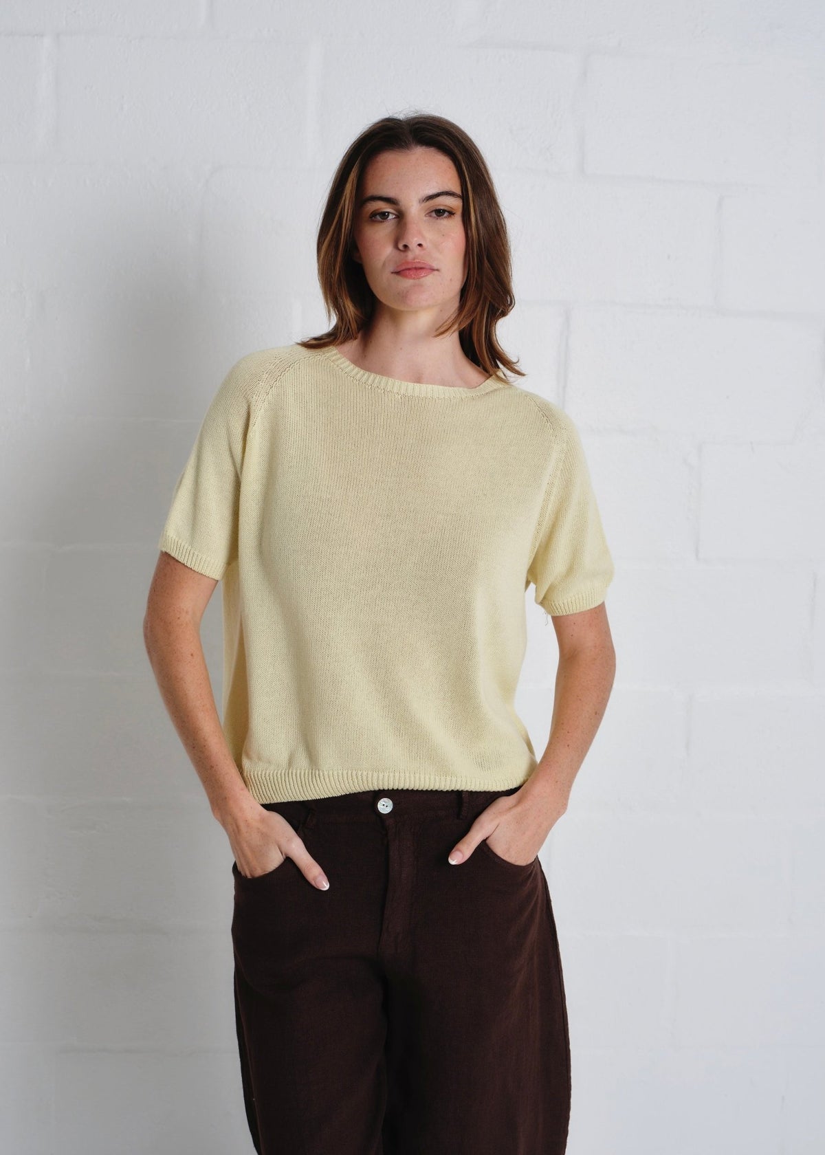 View our Deneuve Cotton Round Neck SS Top In Sunshine Yellow - by Tribute Store