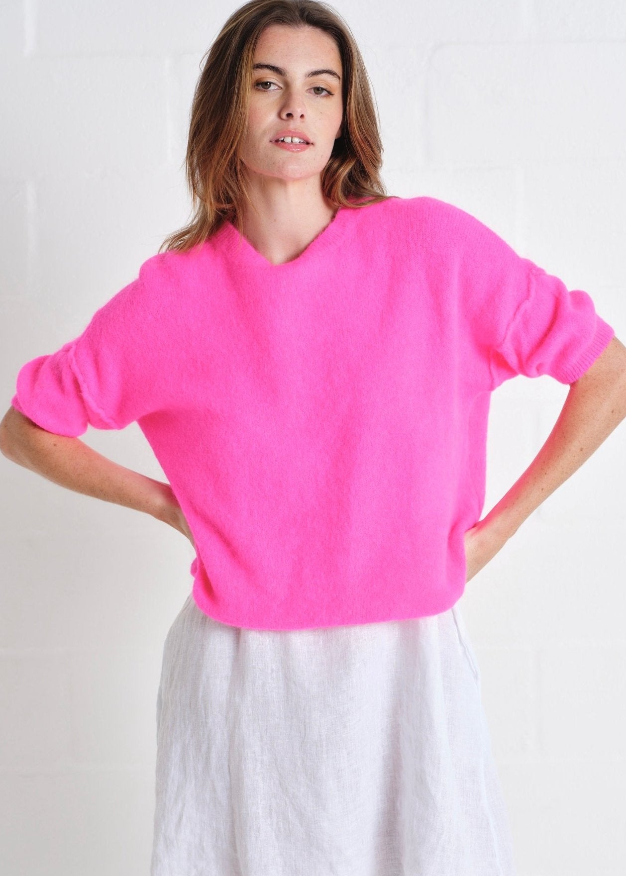View our Dolly SS Round Neck Knit In Luminous Pink - by Tribute Store
