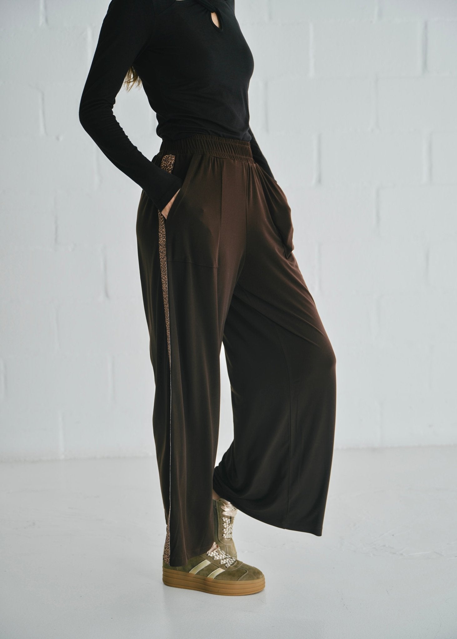View our Ella Wide Leg Pants In Brown With Animal Print - by Tribute Store