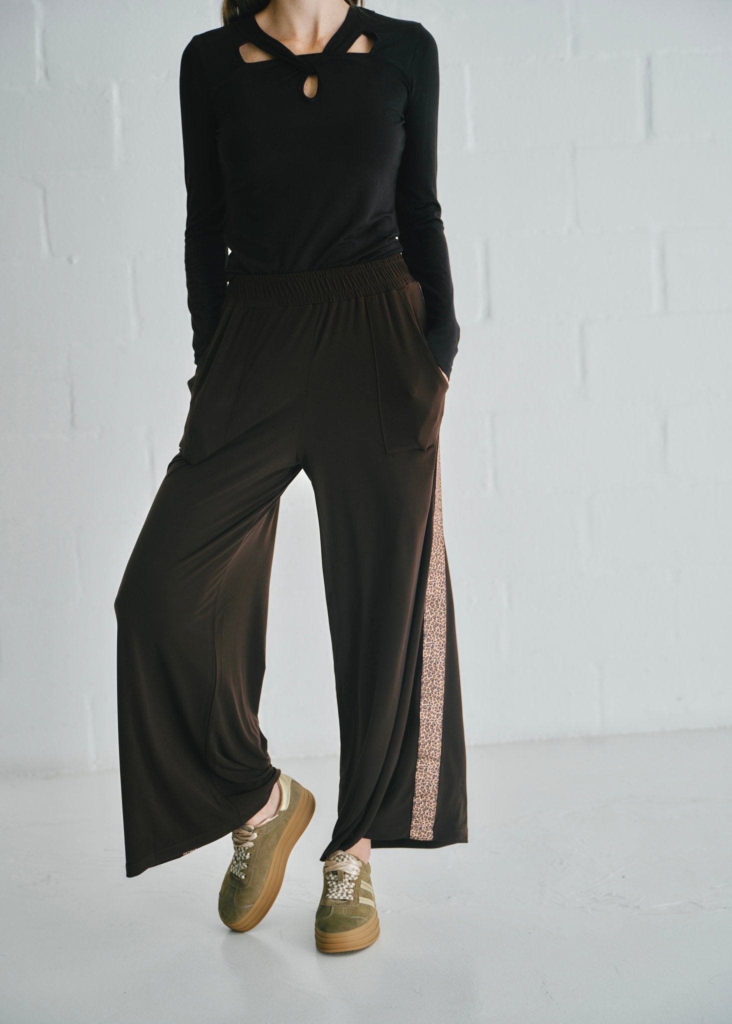 View our Ella Wide Leg Pants In Brown With Animal Print - by Tribute Store
