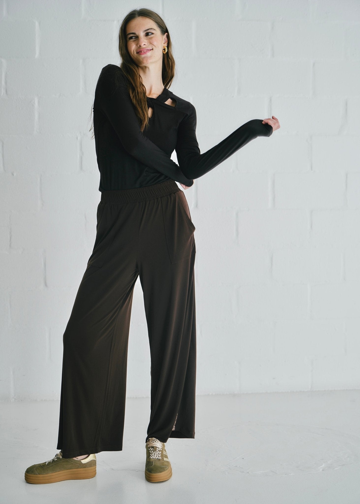 View our Ella Wide Leg Pants In Brown With Animal Print - by Tribute Store