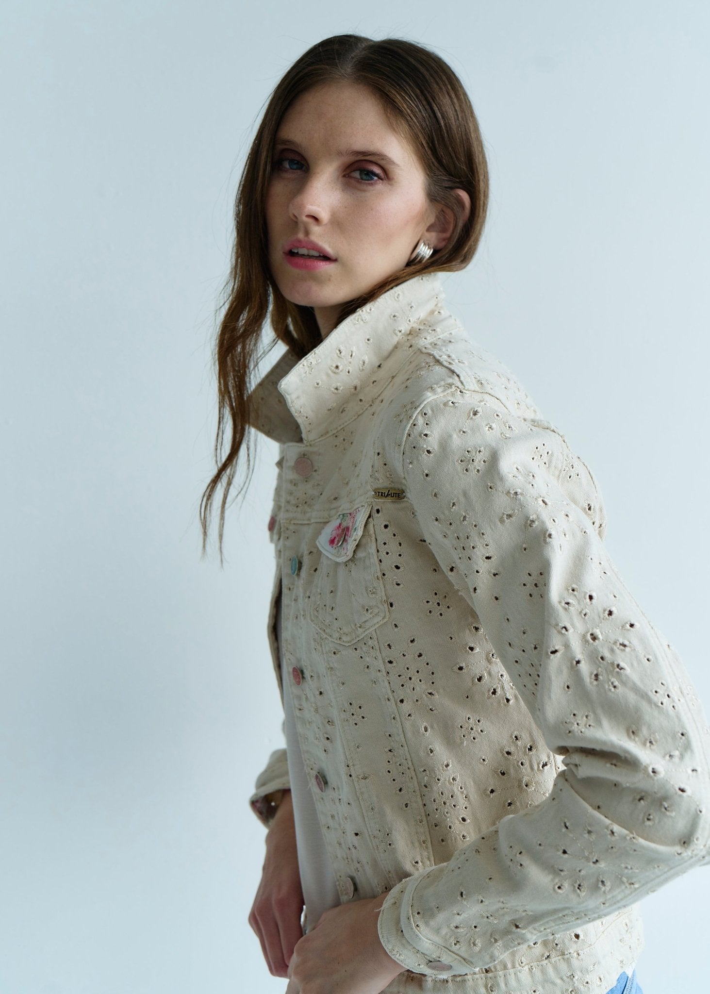 View our Embroidered Denim Jacket with Floral Detail in Beige - by Tribute Store