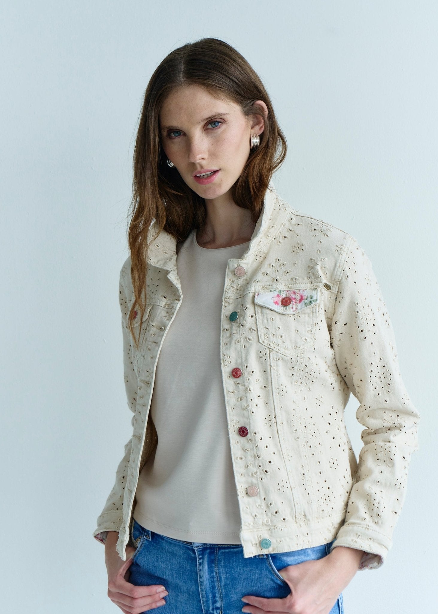 View our Embroidered Denim Jacket with Floral Detail in Beige - by Tribute Store
