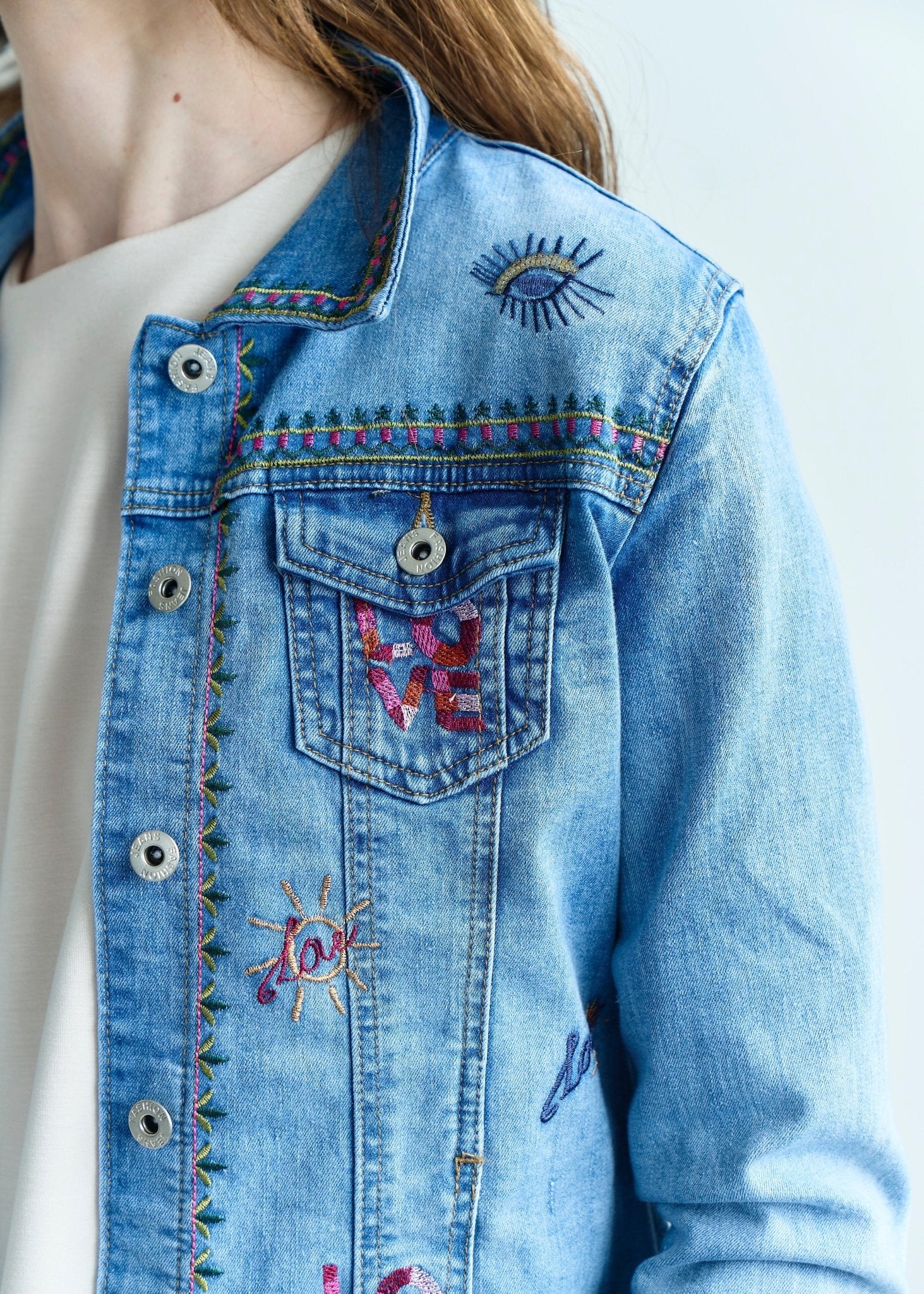 View our Embroidered Denim Love Jacket in Blue - by Tribute Store