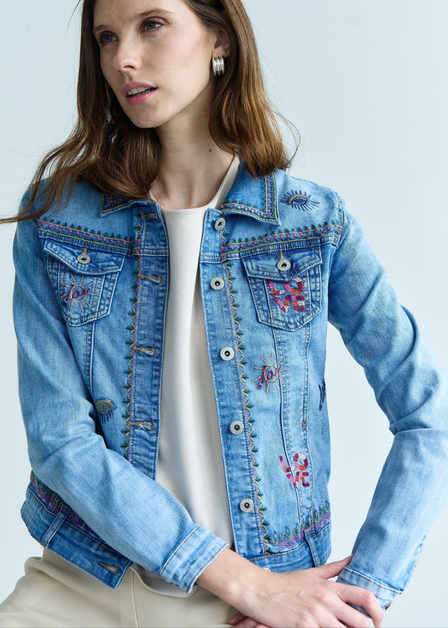 View our Embroidered Denim Love Jacket in Blue - by Tribute Store