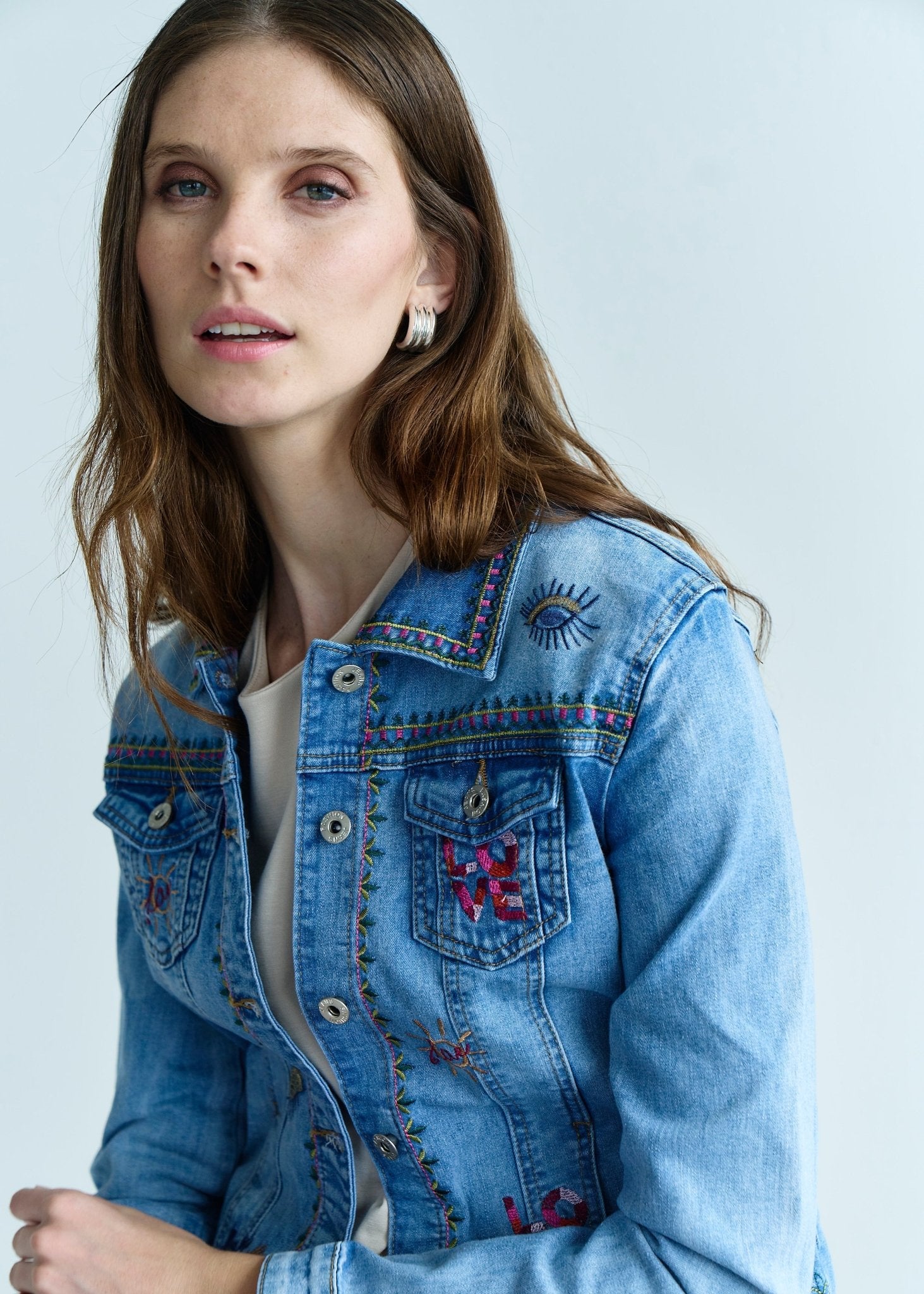 View our Embroidered Denim Love Jacket in Blue - by Tribute Store