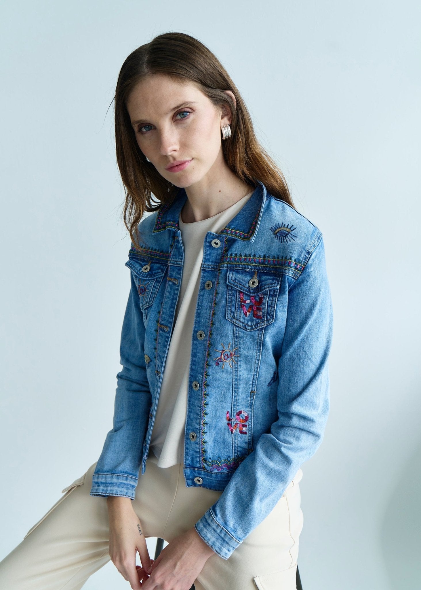 View our Embroidered Denim Love Jacket in Blue - by Tribute Store