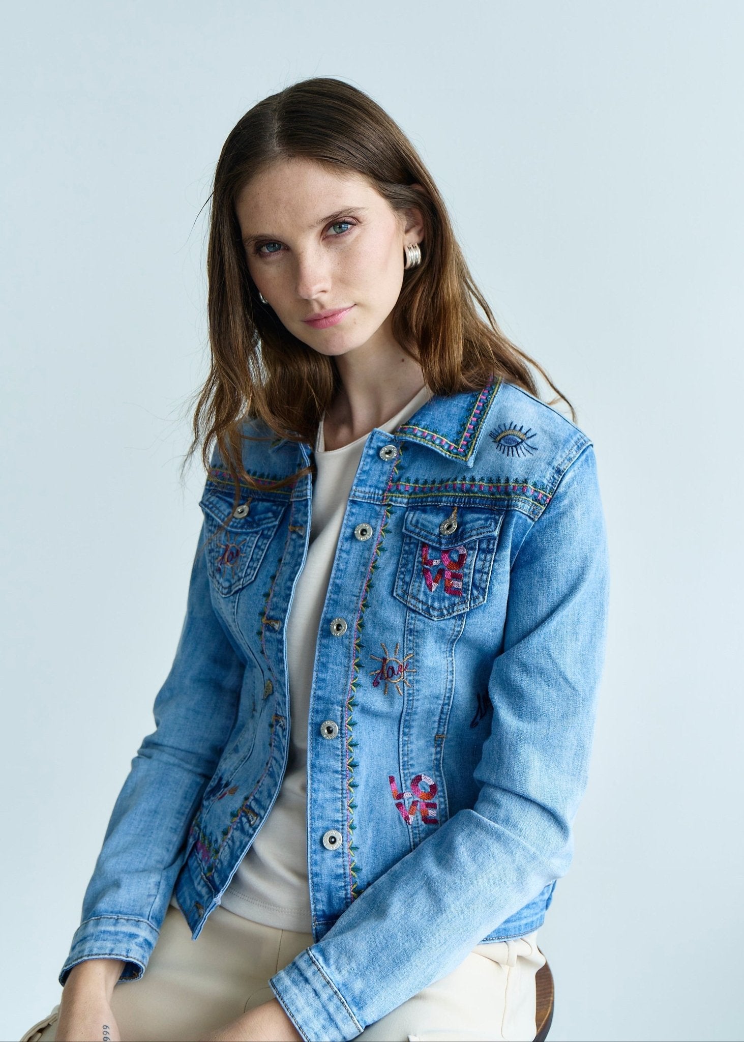View our Embroidered Denim Love Jacket in Blue - by Tribute Store