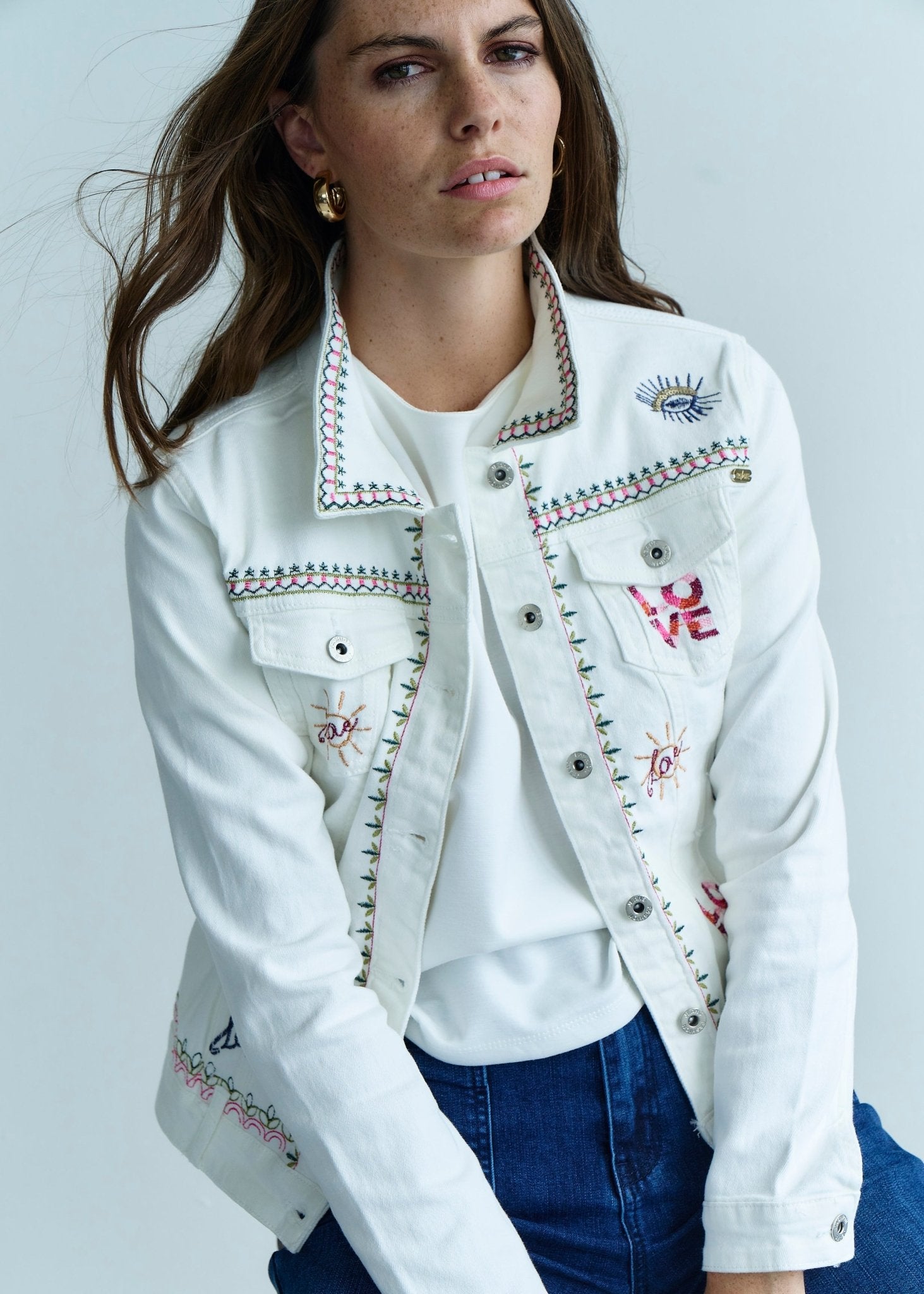 View our Embroidered Denim Love Jacket in White - by Tribute Store