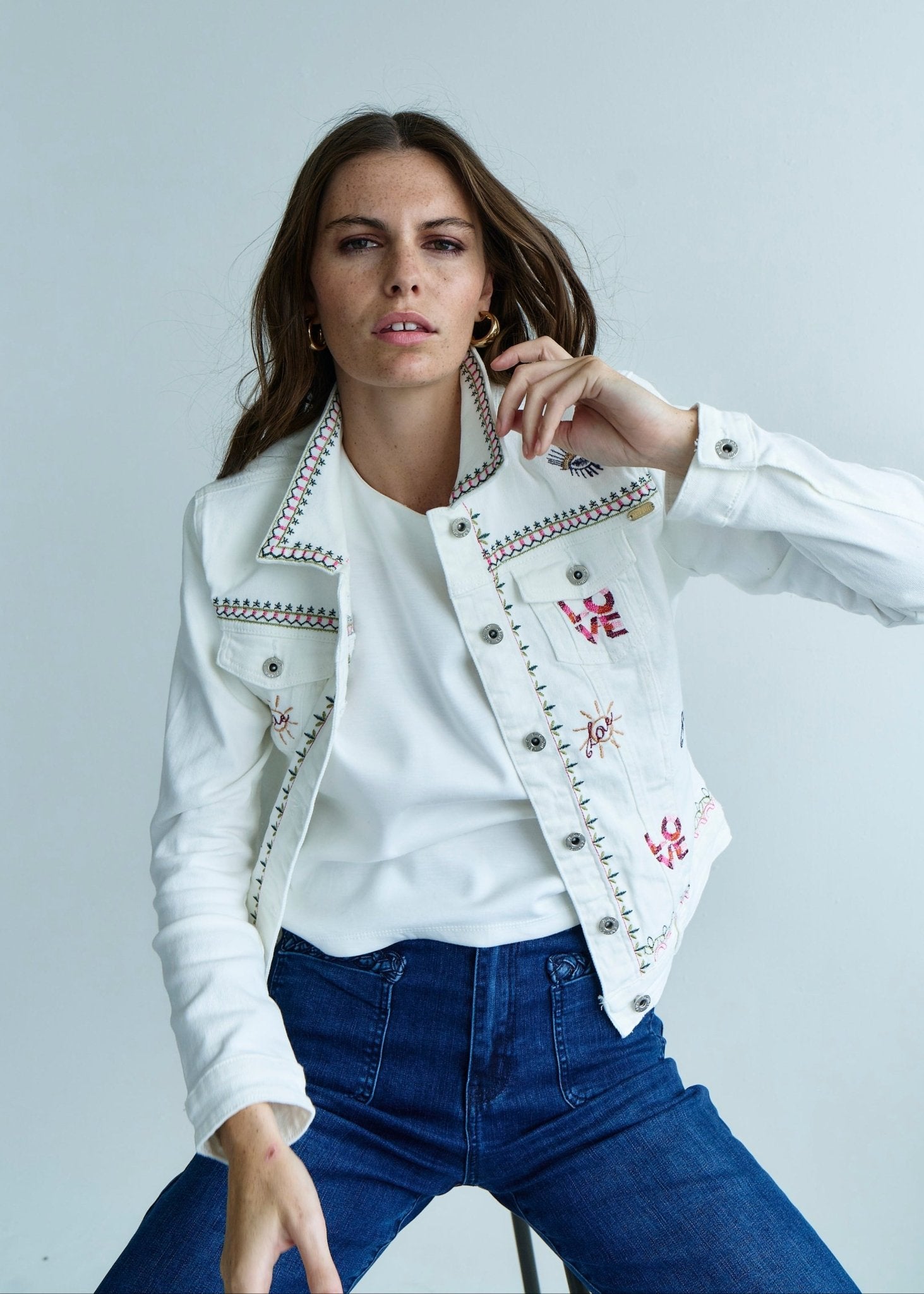 View our Embroidered Denim Love Jacket in White - by Tribute Store