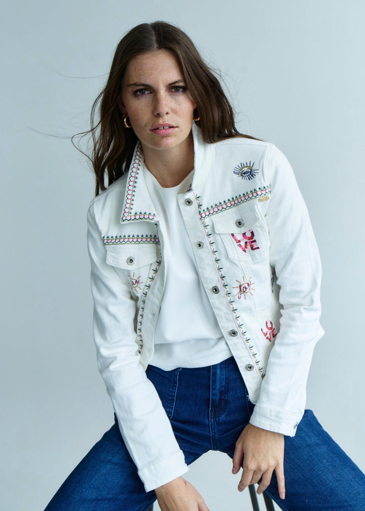 View our Embroidered Denim Love Jacket in White - by Tribute Store