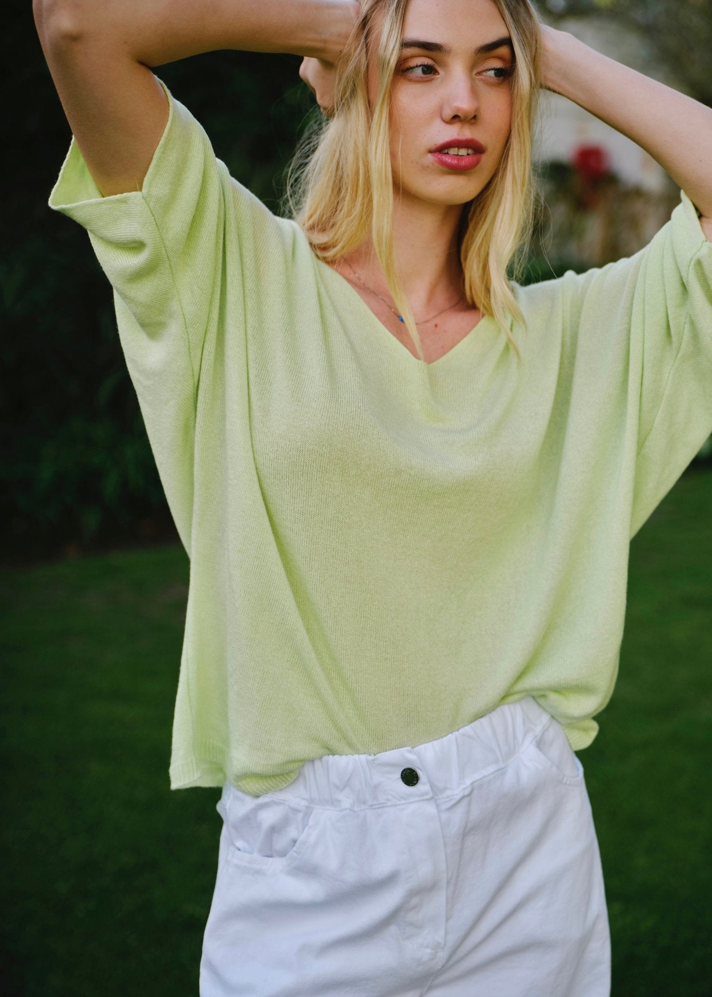 View our Emily Italian Modal Blend Batwing Knit in Lime Green - by Tribute Store
