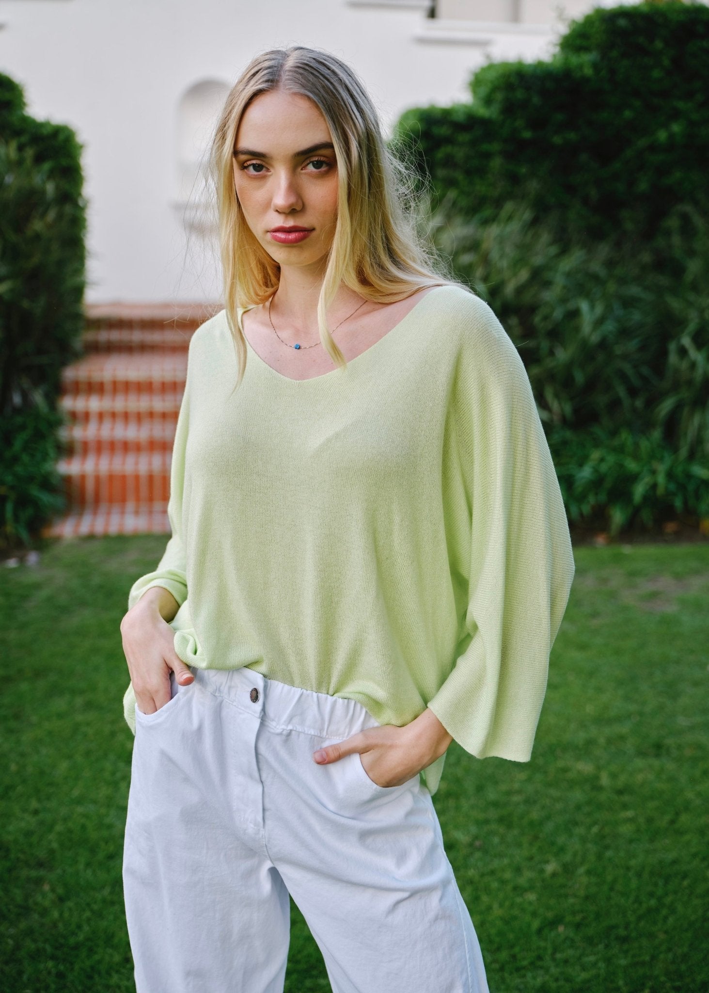 View our Emily Italian Modal Blend Batwing Knit in Lime Green - by Tribute Store