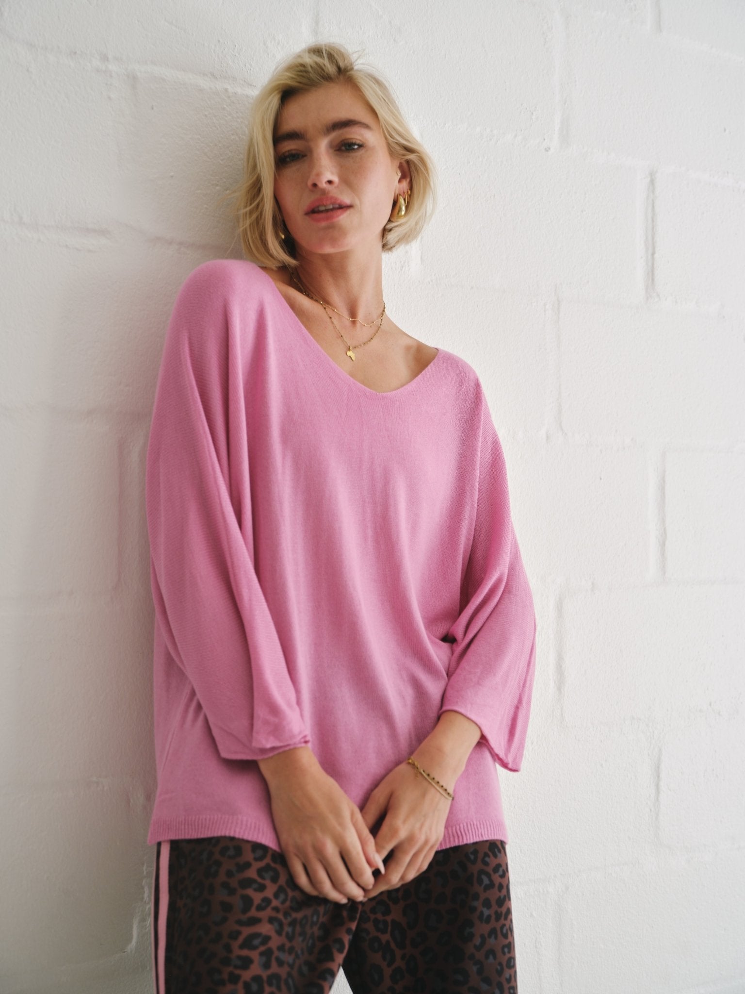 View our Emily Italian Viscose V Neck Batwing Knit In Blush - by Tribute Store