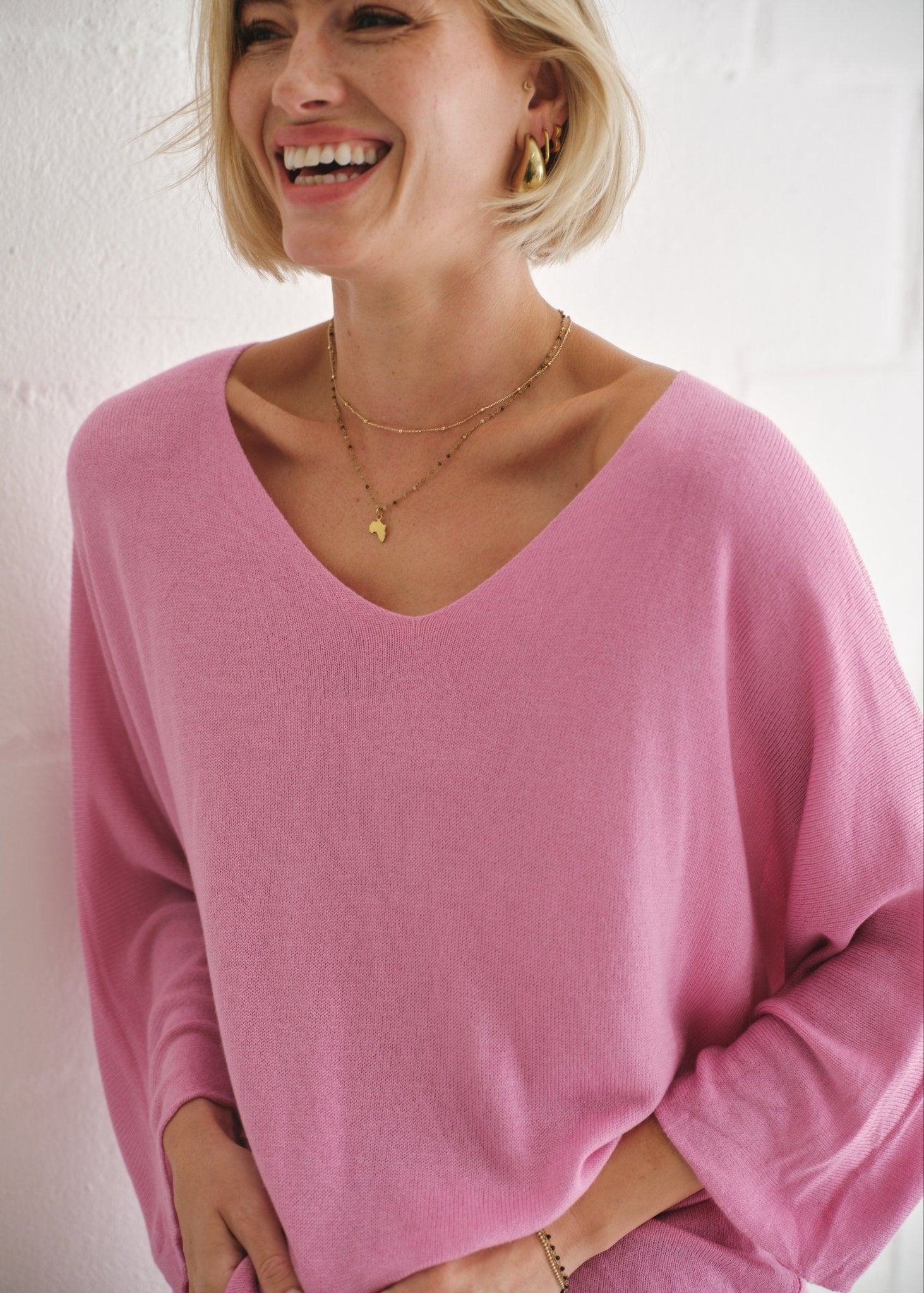 View our Emily Italian Viscose V Neck Batwing Knit In Blush - by Tribute Store