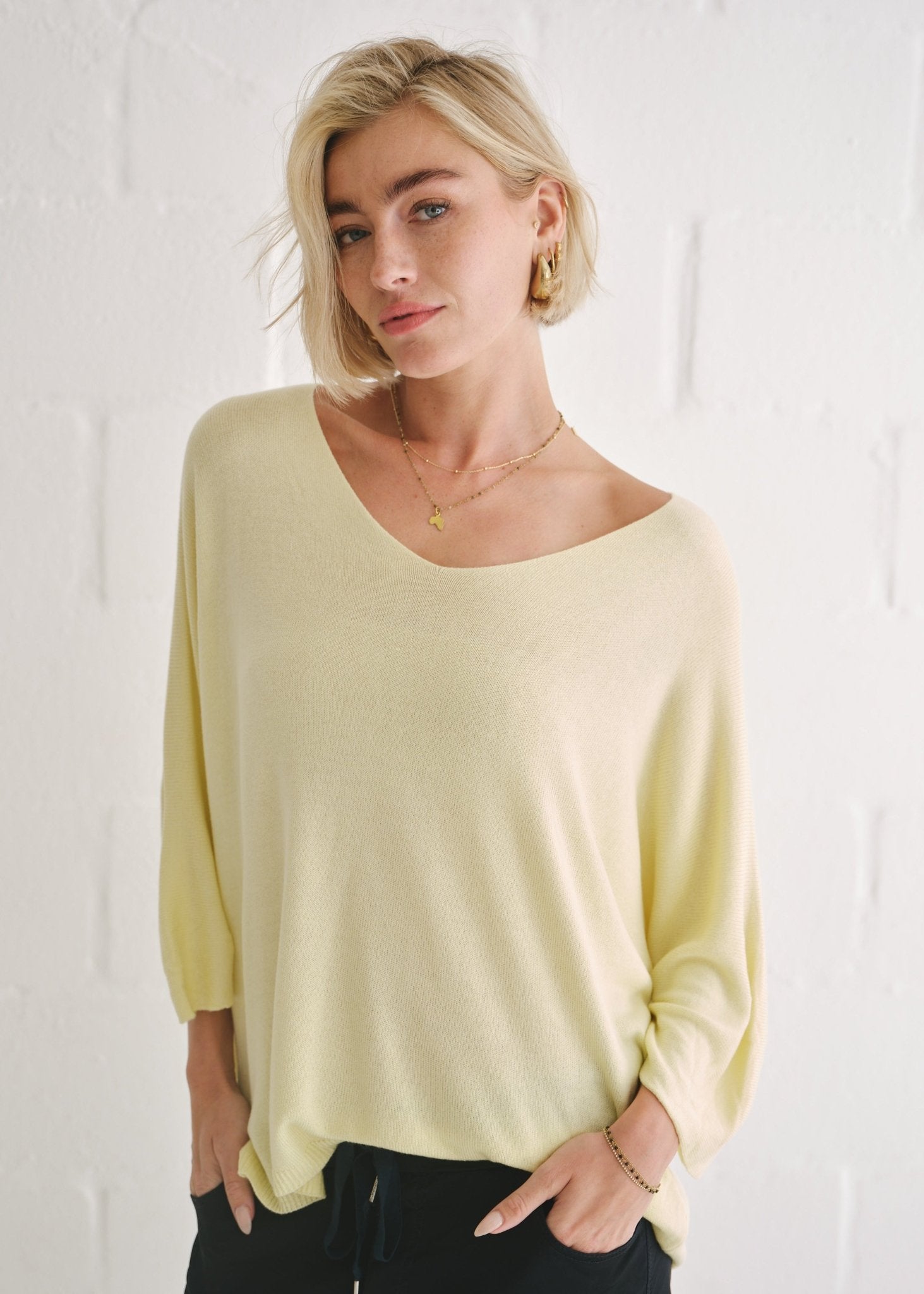 View our Emily Italian Viscose V Neck Batwing Knit In Chartreuse - by Tribute Store