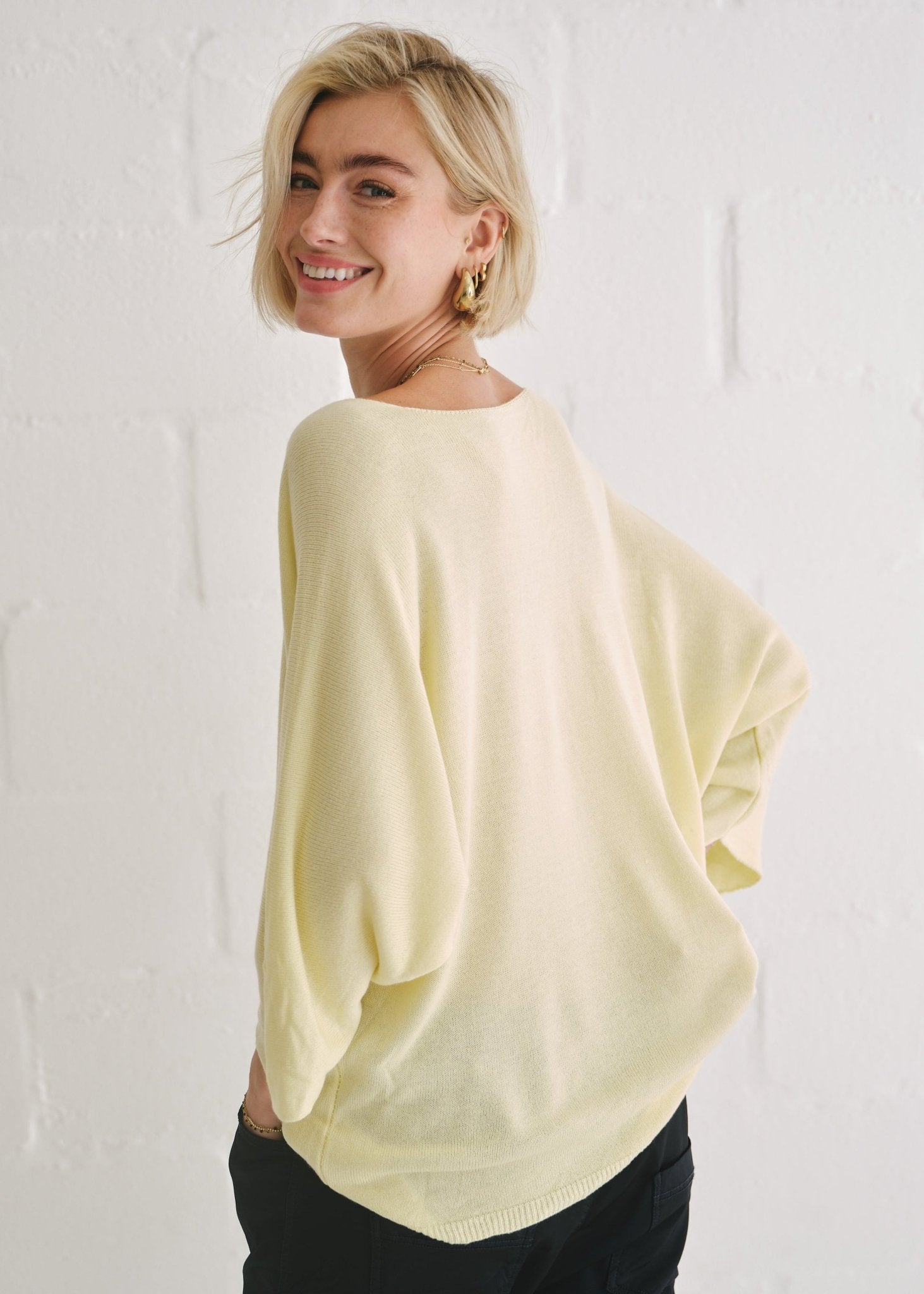 View our Emily Italian Viscose V Neck Batwing Knit In Chartreuse - by Tribute Store