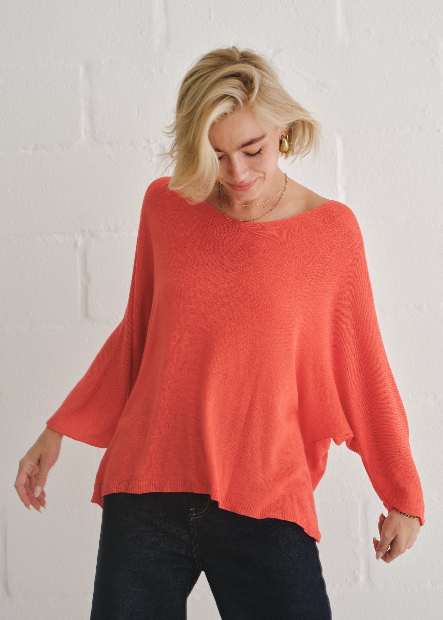 View our Emily Italian Viscose V Neck Batwing Knit In Red - by Tribute Store