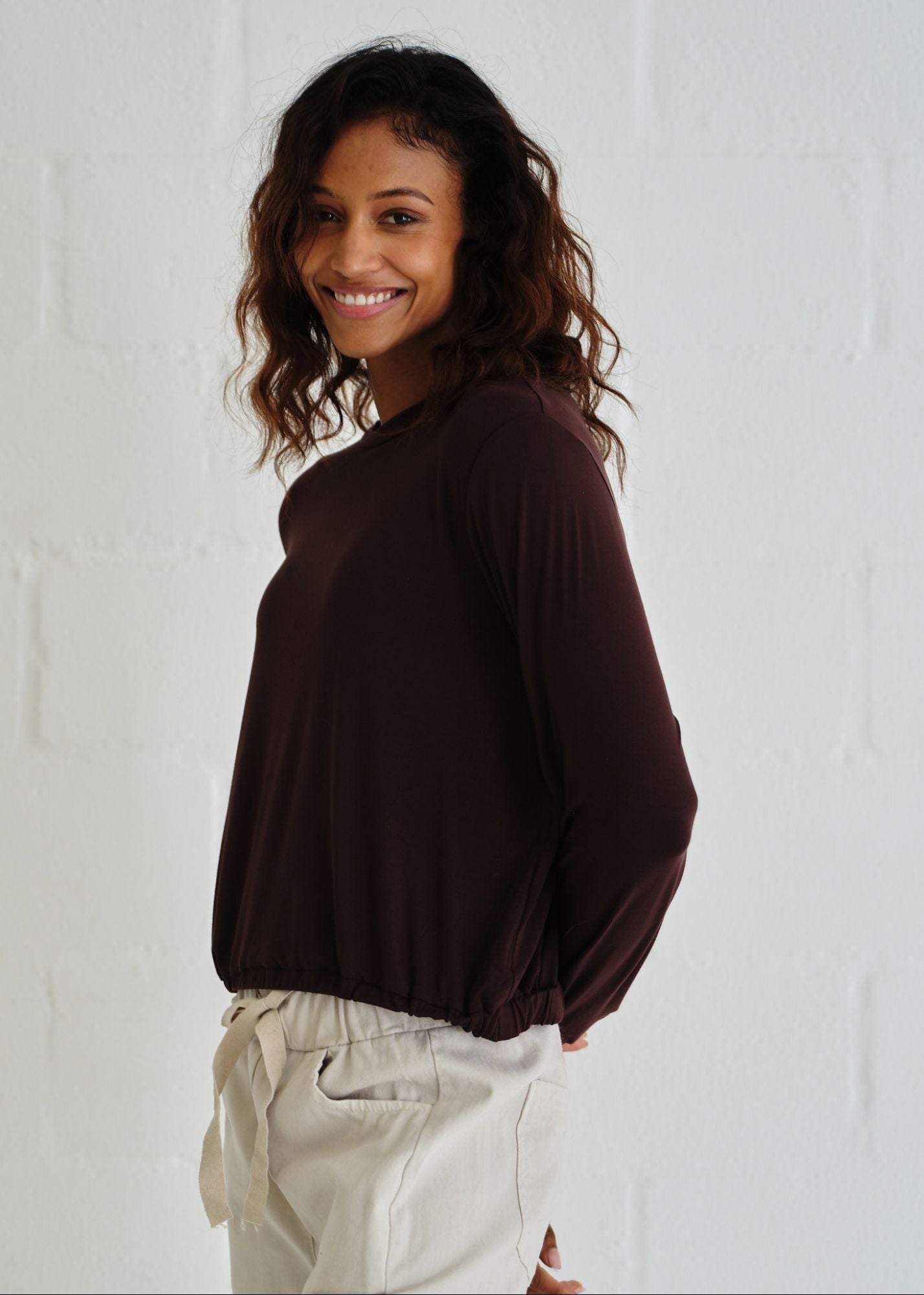 View our Eve Elasticated Hem Top In Chocolate - by Tribute Store