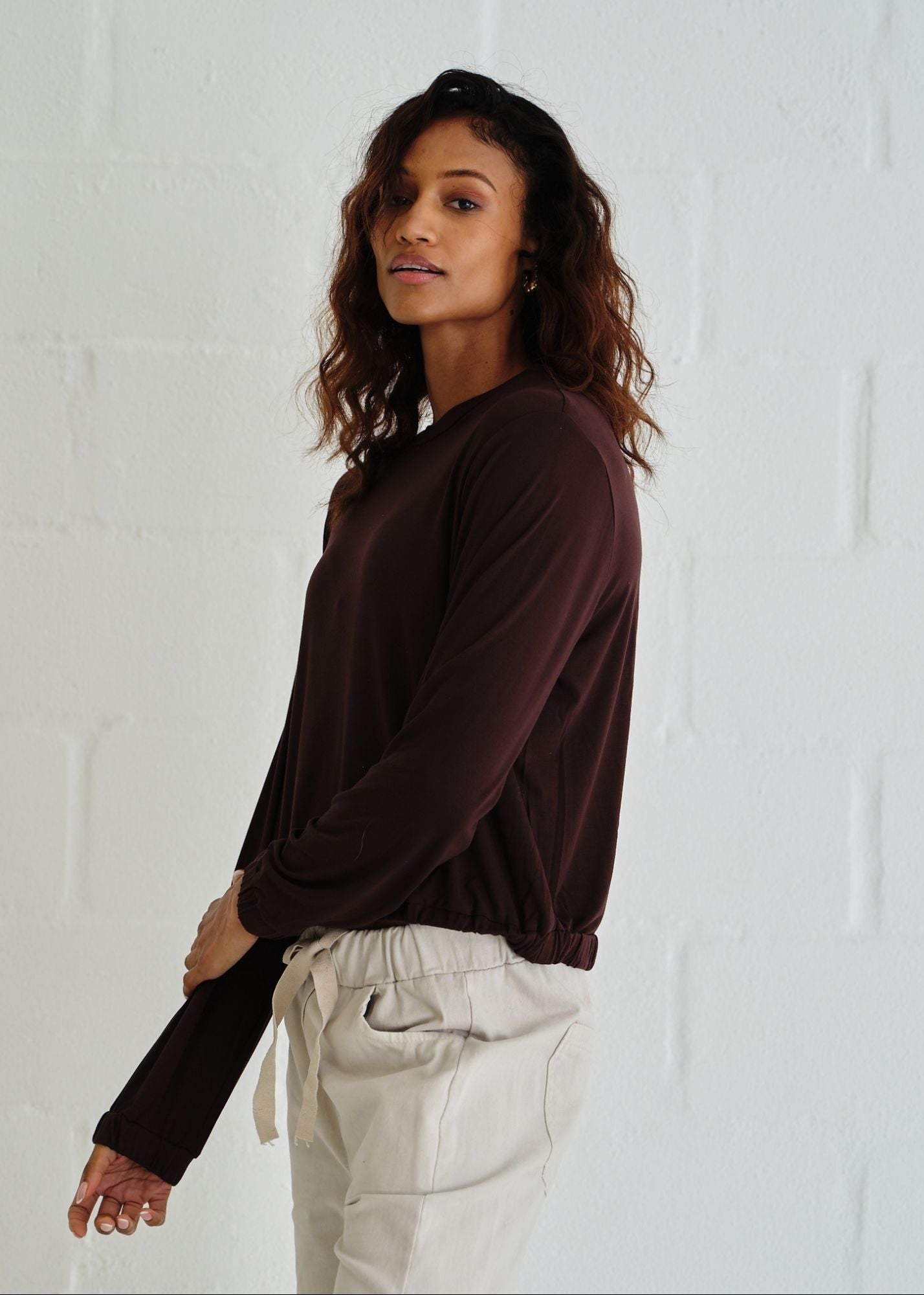 View our Eve Elasticated Hem Top In Chocolate - by Tribute Store