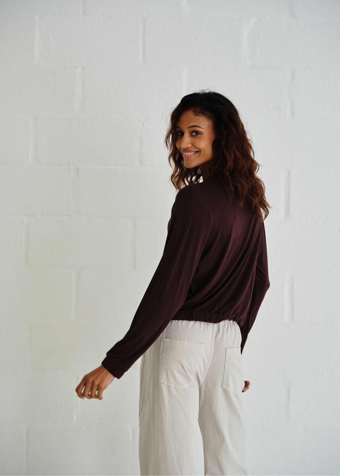 View our Eve Elasticated Hem Top In Chocolate - by Tribute Store
