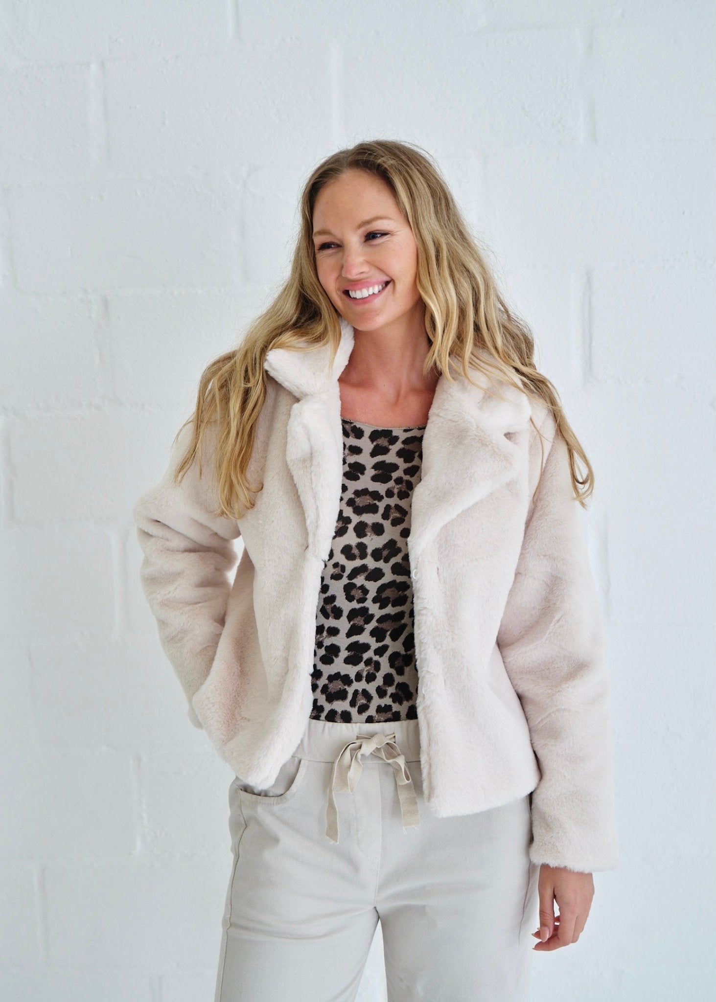 View our Faux Fur Jacket With Shawl Collar In Cream - by Tribute Store