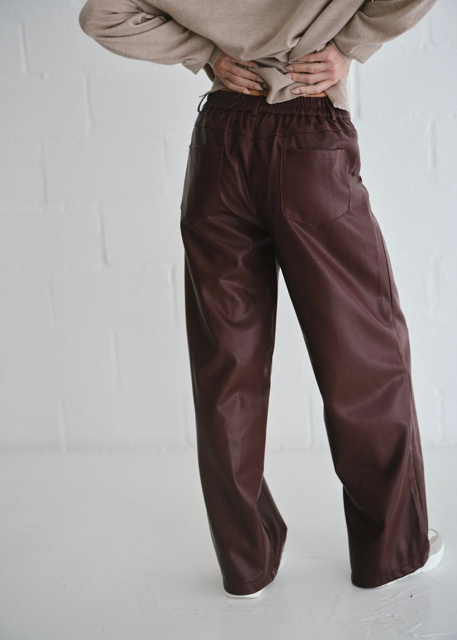 View our Faux Leather Wide Leg Trousers In Burgundy - by Tribute Store
