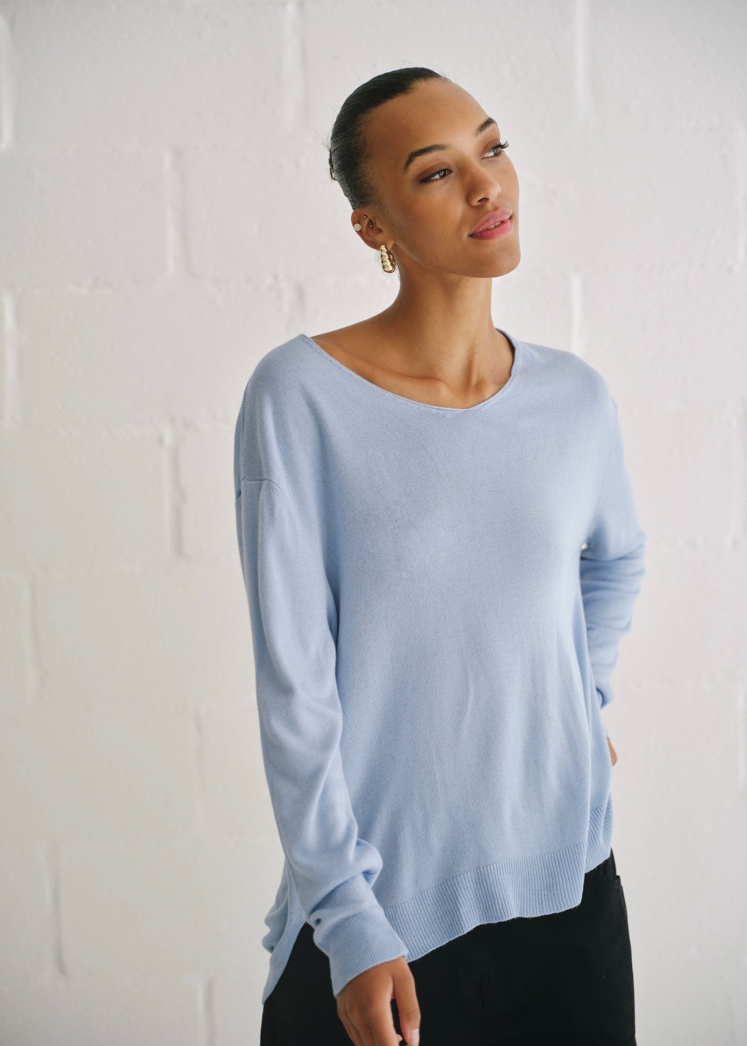 View our Florence Italian Oversized V Neck Knit In Jean Blue - by Tribute Store