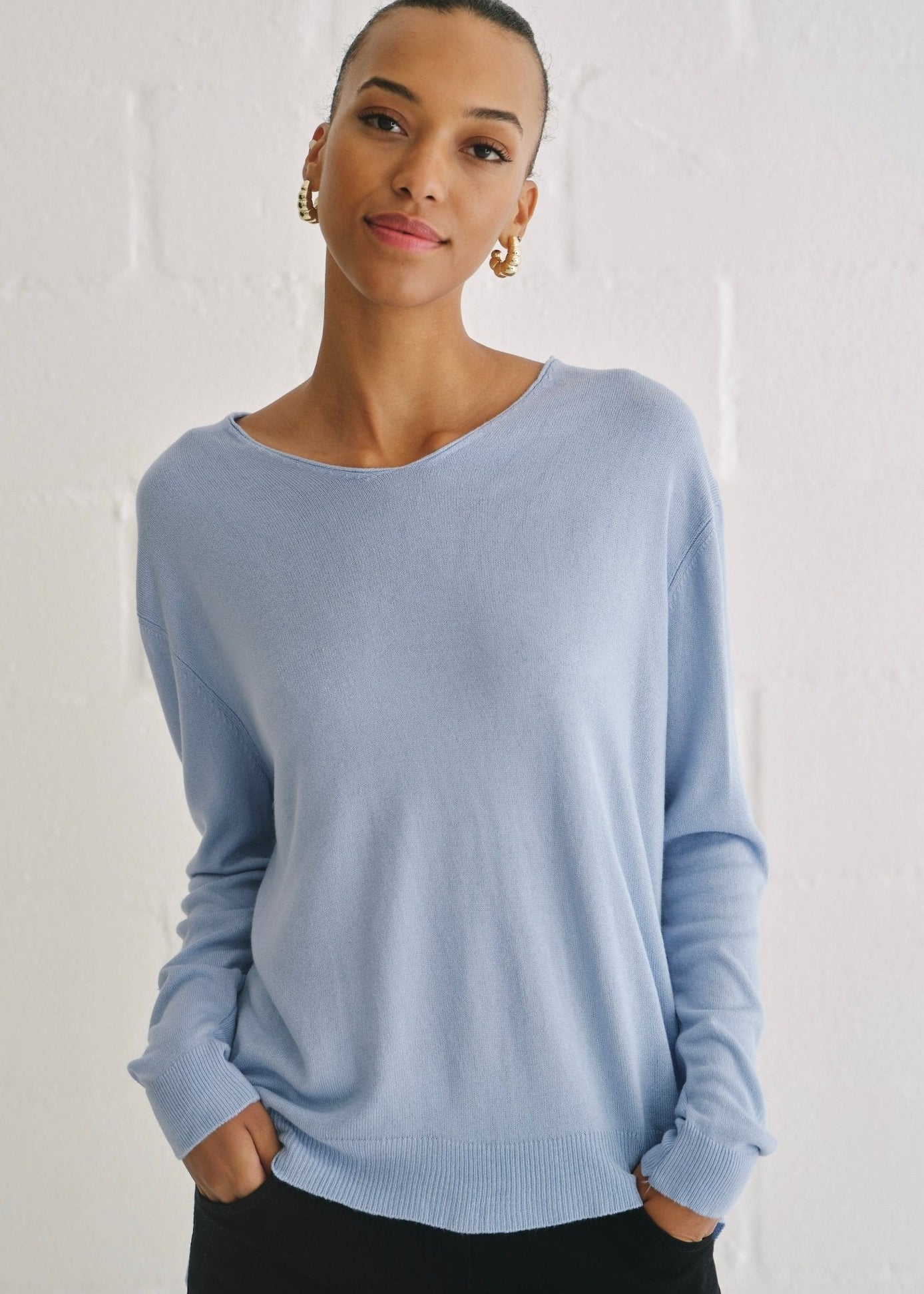 View our Florence Italian Oversized V Neck Knit In Jean Blue - by Tribute Store
