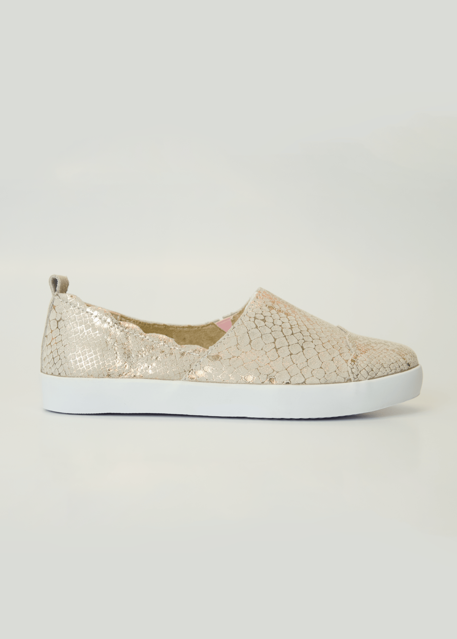 View our Fran Scalloped Leather Slip On's In Rose Gold Snake - by Tribute Store