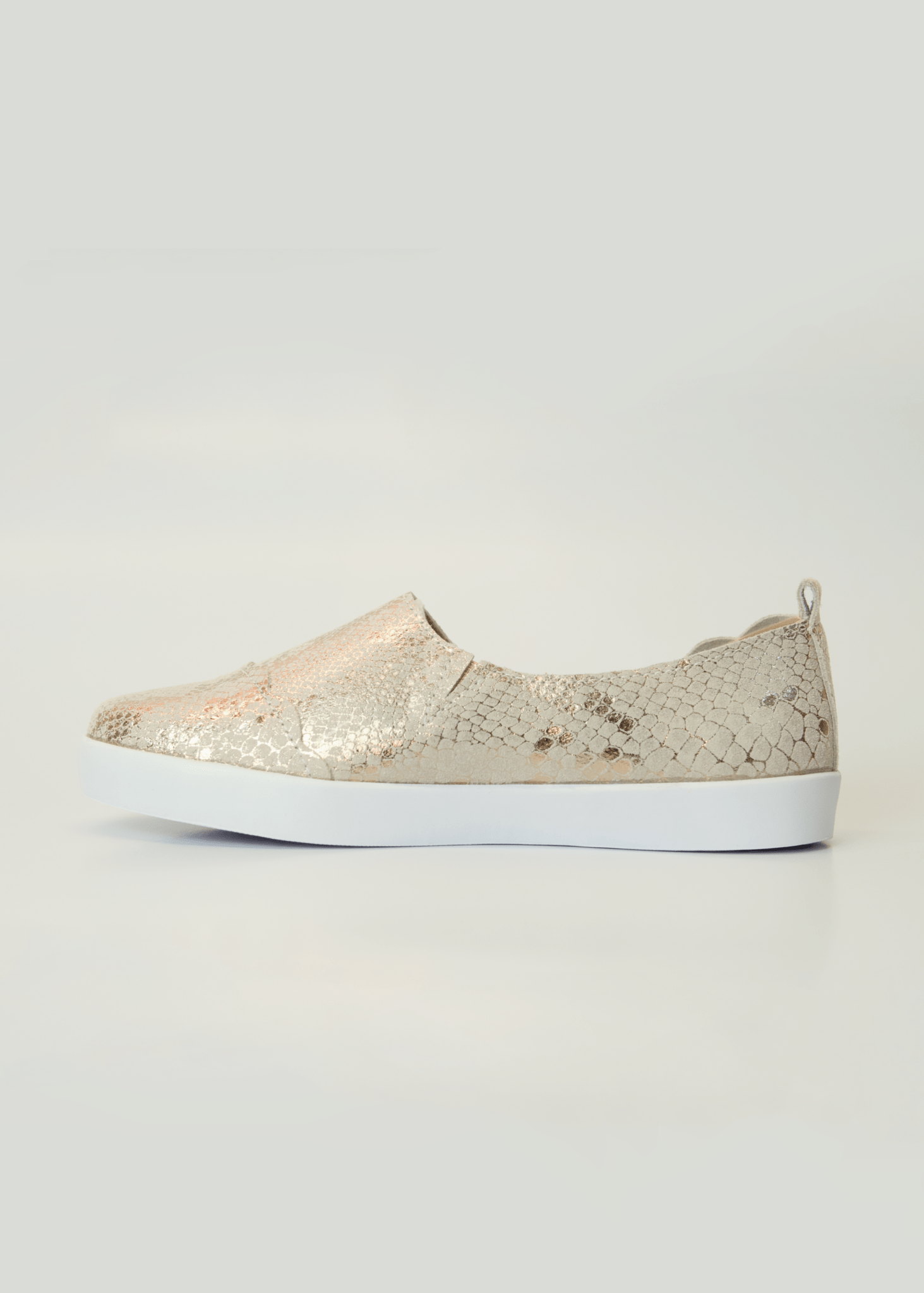 View our Fran Scalloped Leather Slip On's In Rose Gold Snake - by Tribute Store
