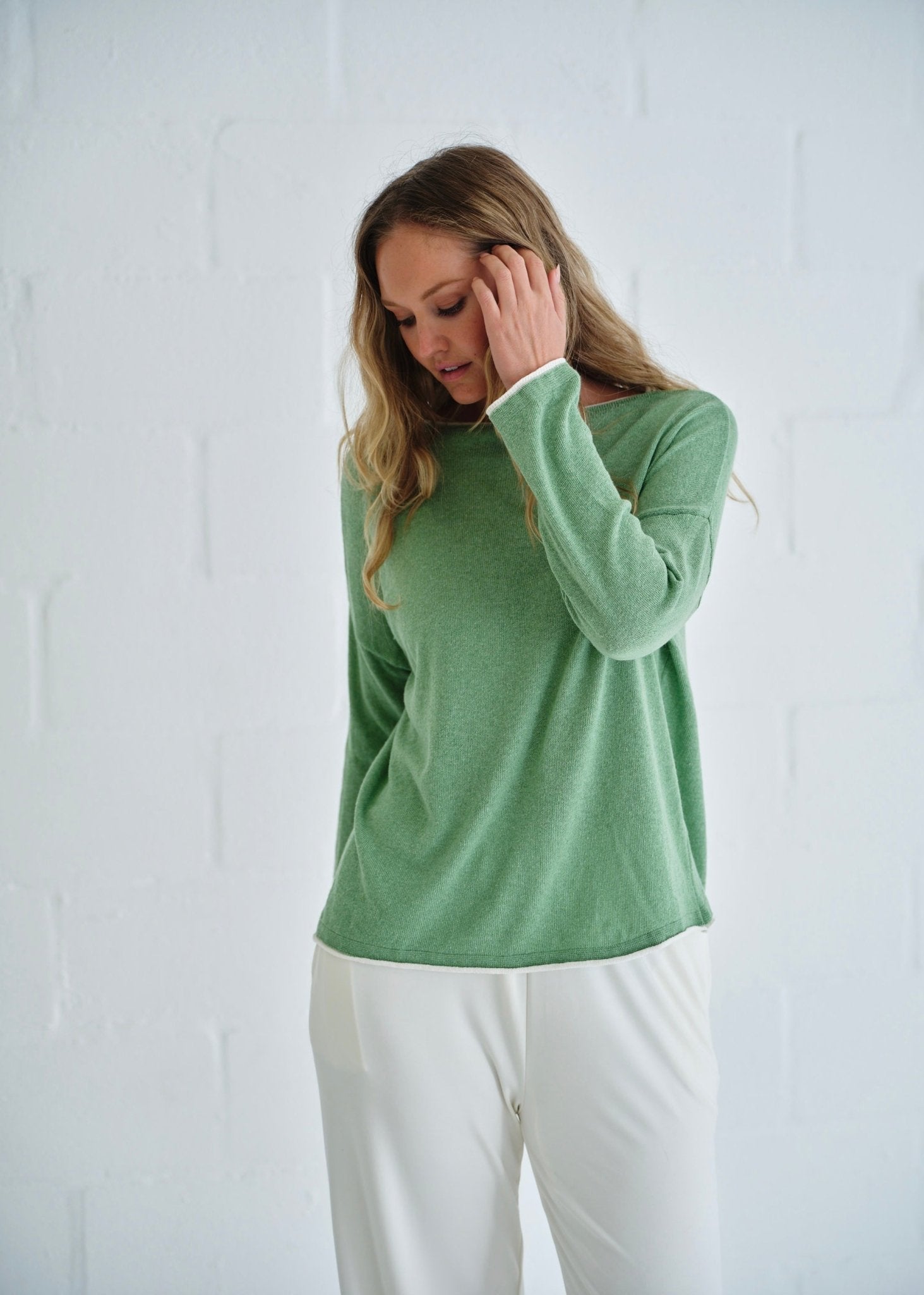 View our Gallery Italian Cotton Blend Crew Neck Knit with Border In Green - by Tribute Store