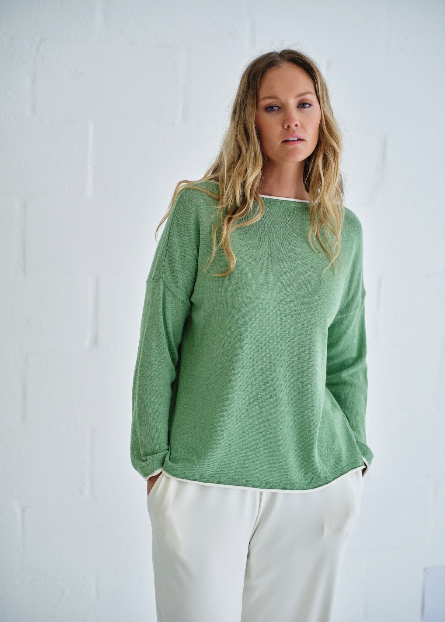 View our Gallery Italian Cotton Blend Crew Neck Knit with Border In Green - by Tribute Store