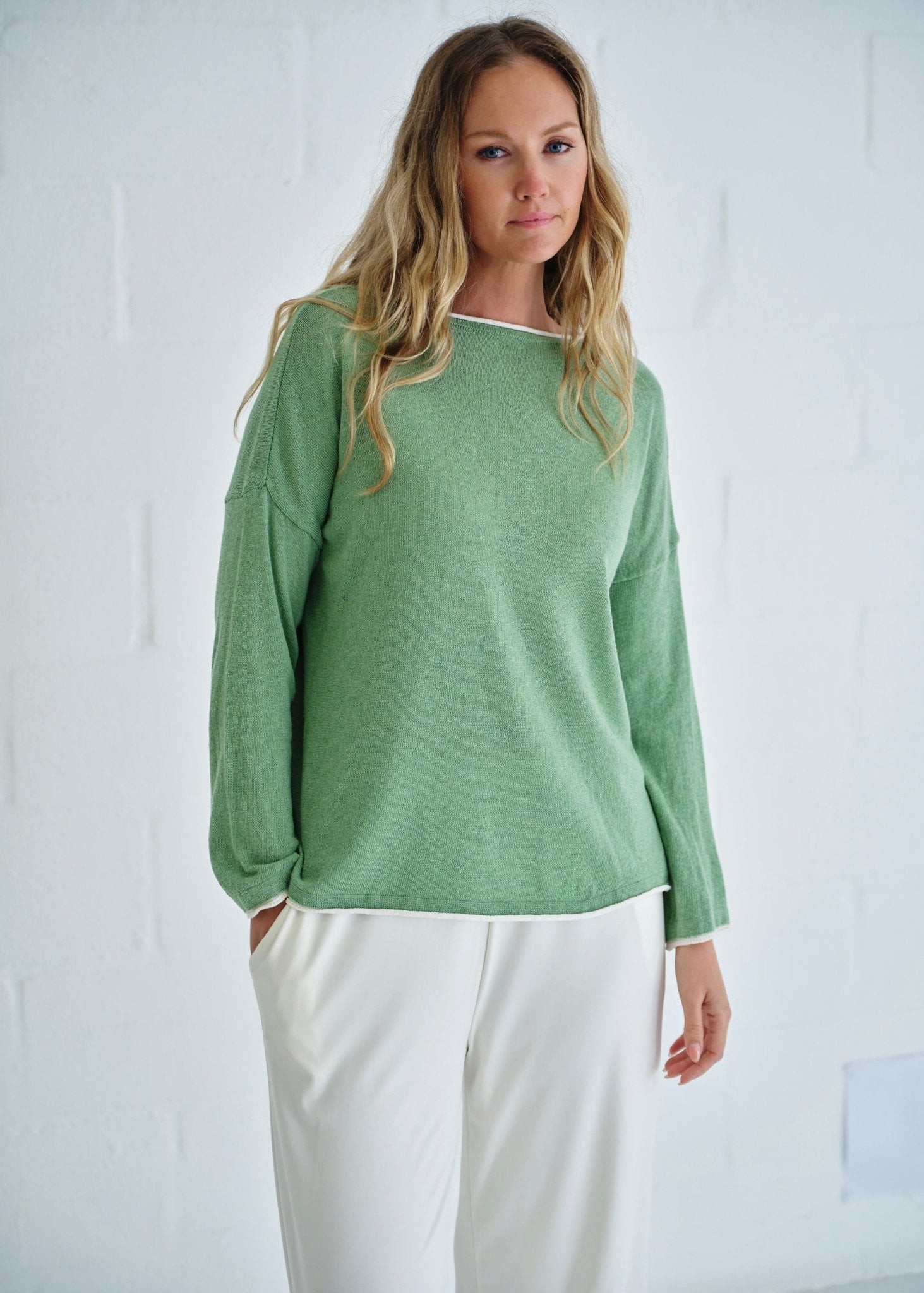 View our Gallery Italian Cotton Blend Crew Neck Knit with Border In Green - by Tribute Store