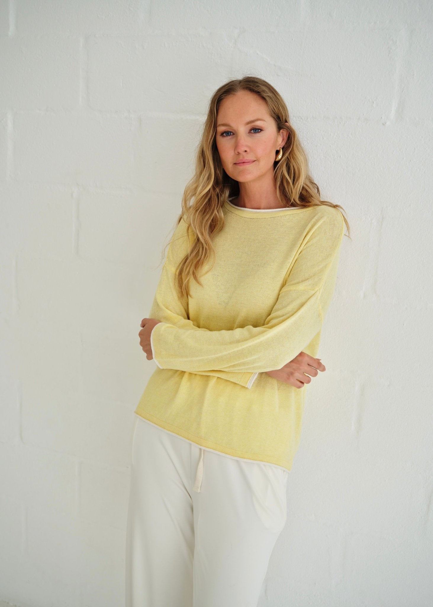 View our Gallery Italian Cotton Blend Crew Neck Knit with Border In Yellow - by Tribute Store