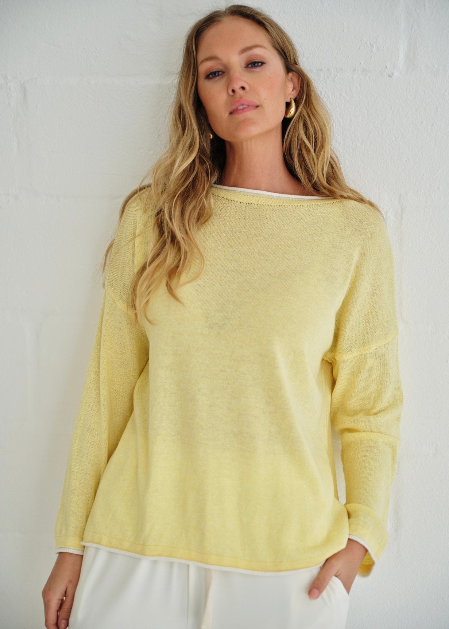 View our Gallery Italian Cotton Blend Crew Neck Knit with Border In Yellow - by Tribute Store