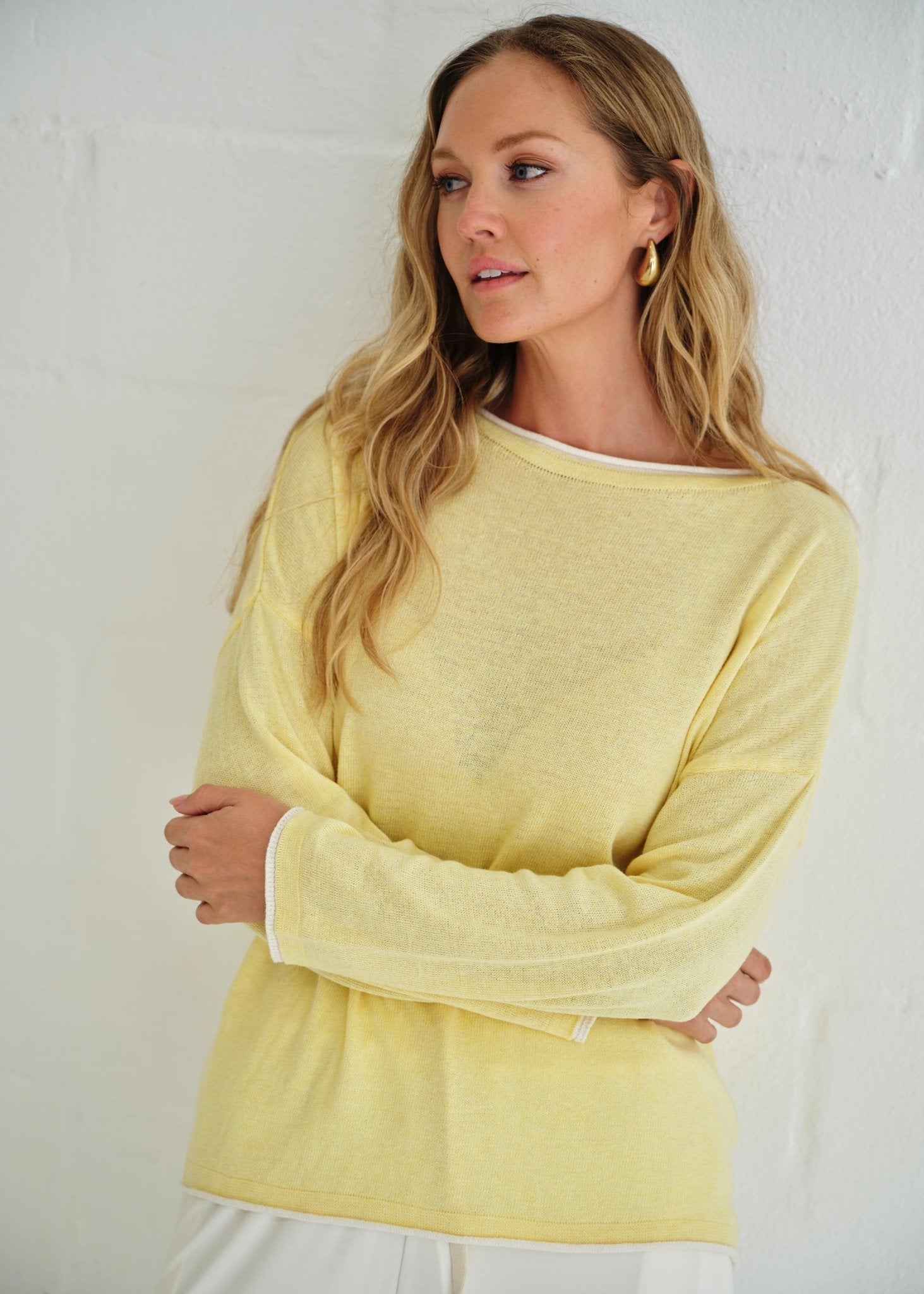 View our Gallery Italian Cotton Blend Crew Neck Knit with Border In Yellow - by Tribute Store