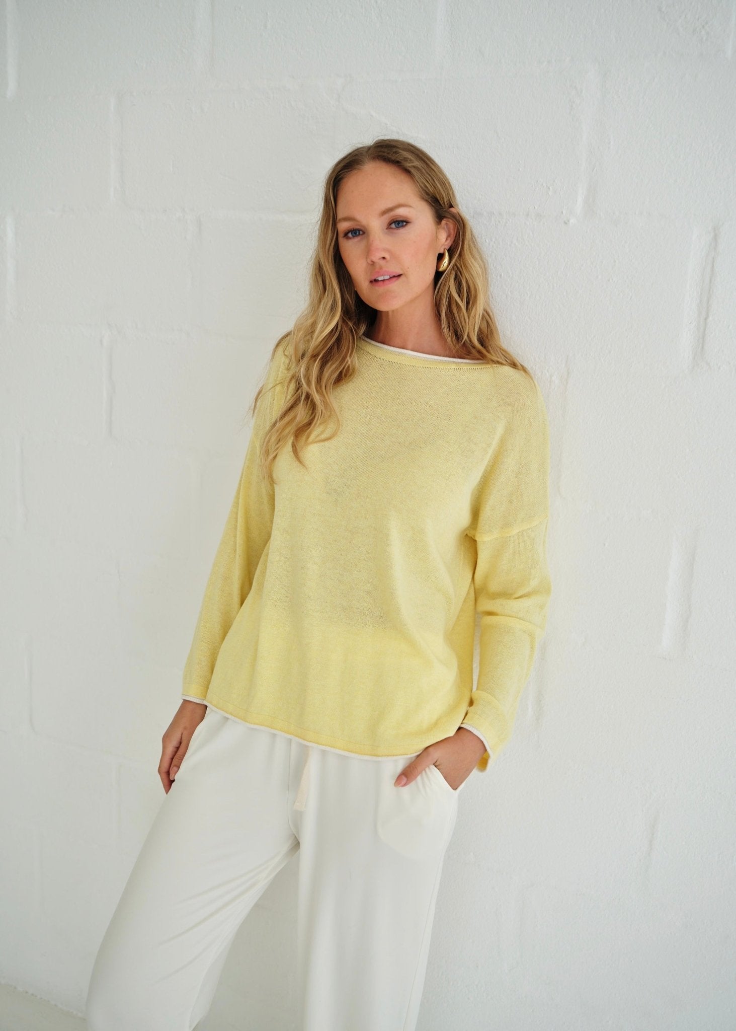 View our Gallery Italian Cotton Blend Crew Neck Knit with Border In Yellow - by Tribute Store