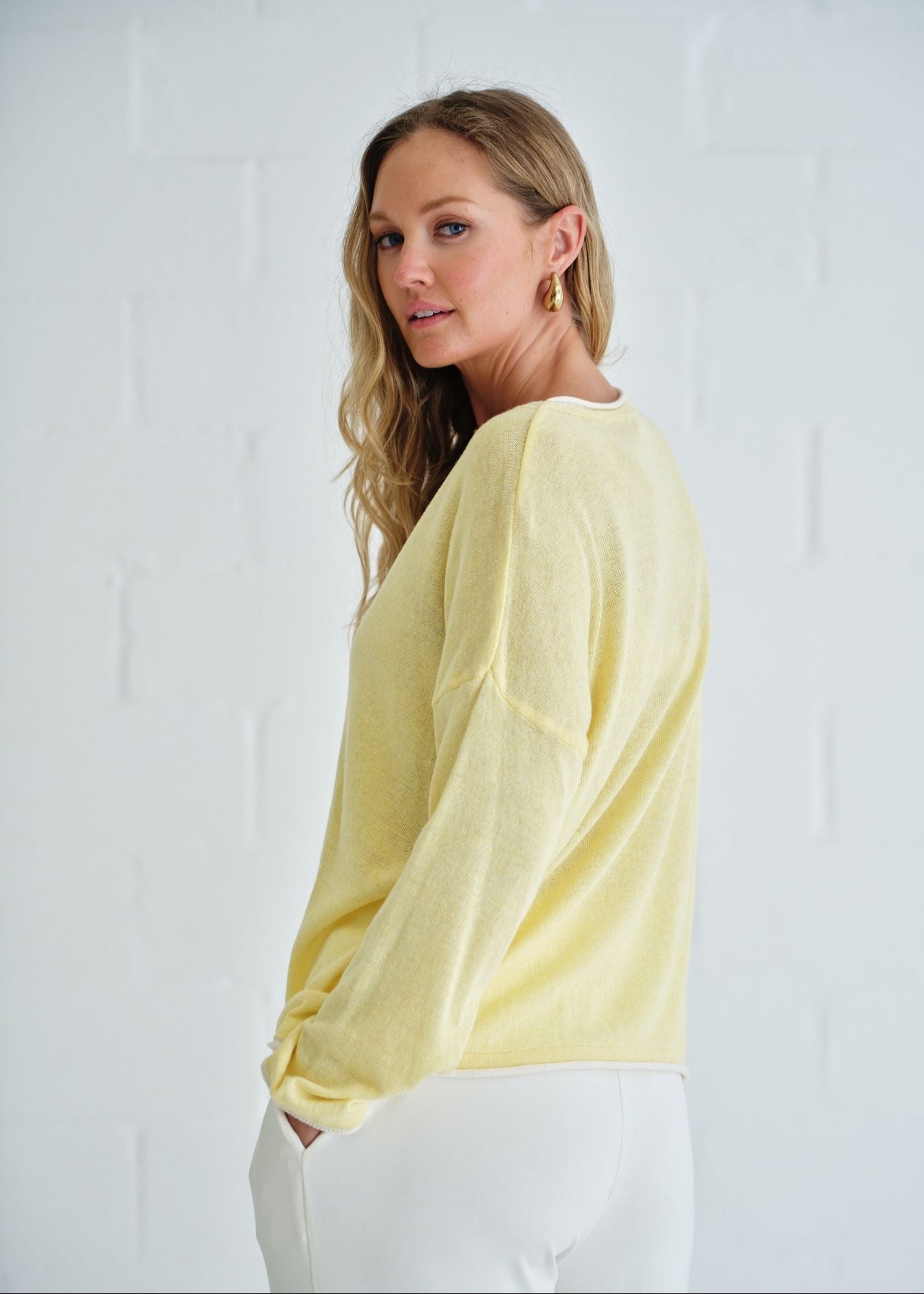 View our Gallery Italian Cotton Blend Crew Neck Knit with Border In Yellow - by Tribute Store
