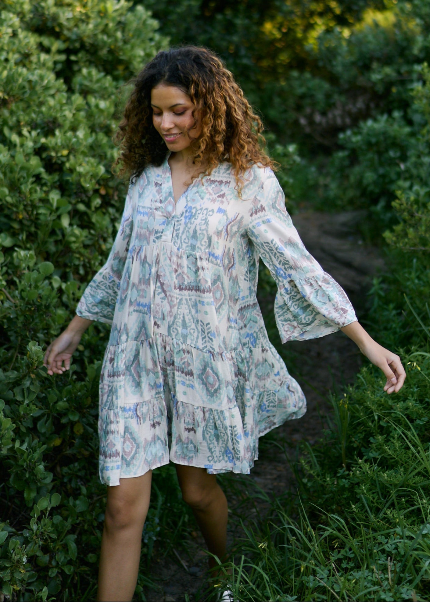 View our Helena Short Bohemian Dress in Blue Abstract Print - by Tribute Store