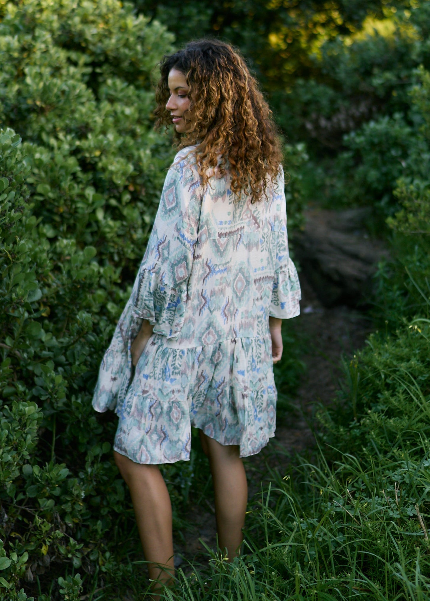 View our Helena Short Bohemian Dress in Blue Abstract Print - by Tribute Store