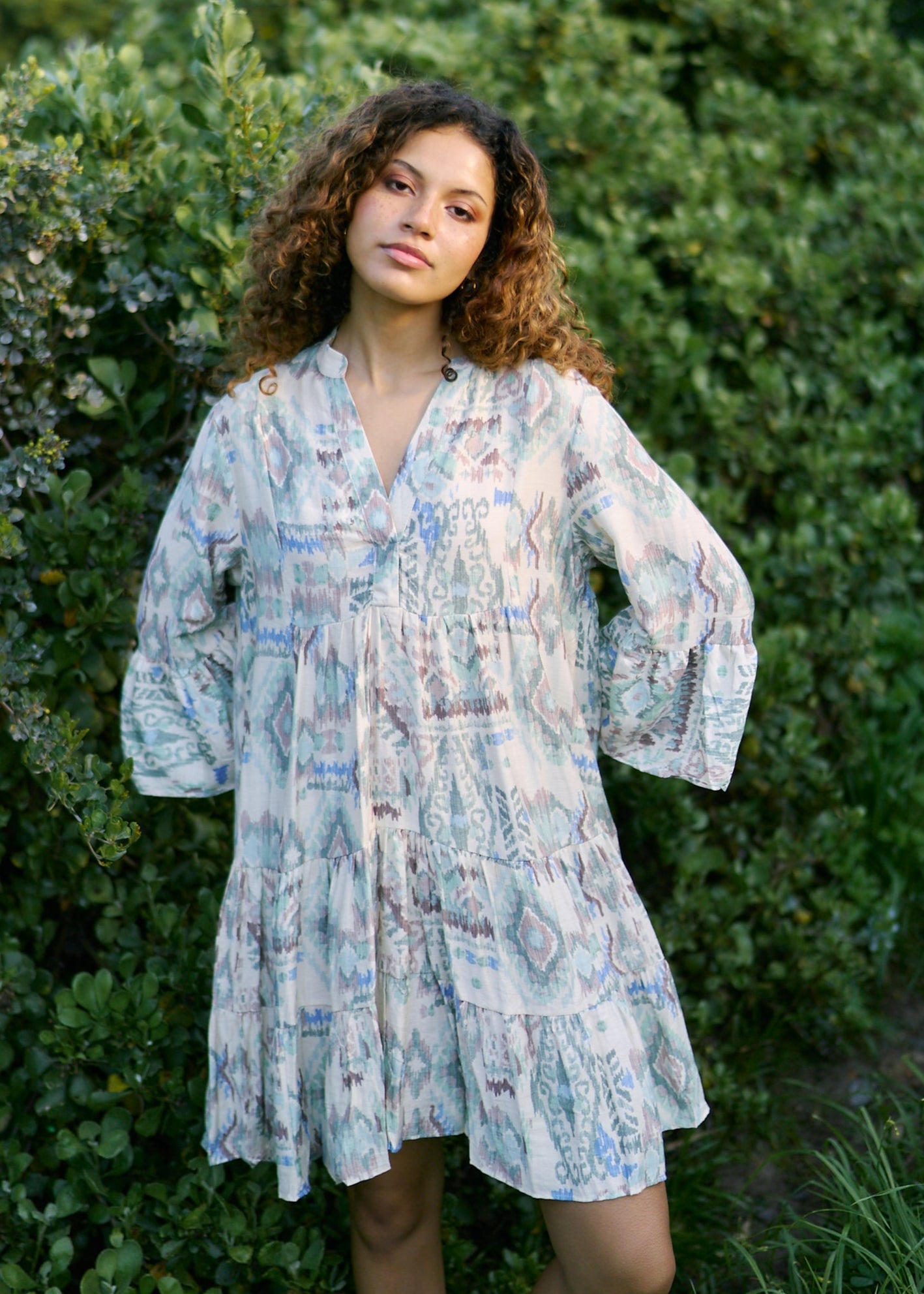 View our Helena Short Bohemian Dress in Blue Abstract Print - by Tribute Store