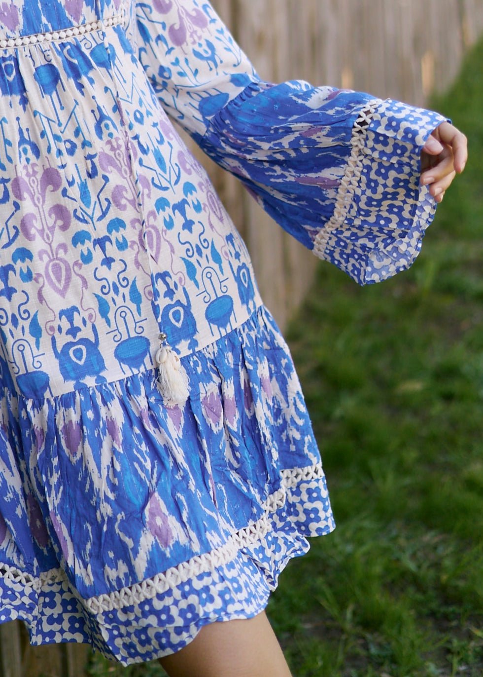 View our Helena Short Bohemian Dress with Tassels in Indigo Blue - by Tribute Store